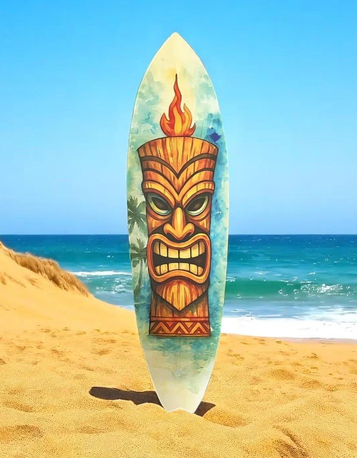 Tiki Surfboard Wall Art – Polynesian Tropical PVC Decor, Outdoor Tiki Mask Surfboard Sign for Patio, Beach House, Luau, or Bar Wall Display, 3 - 5 Feet