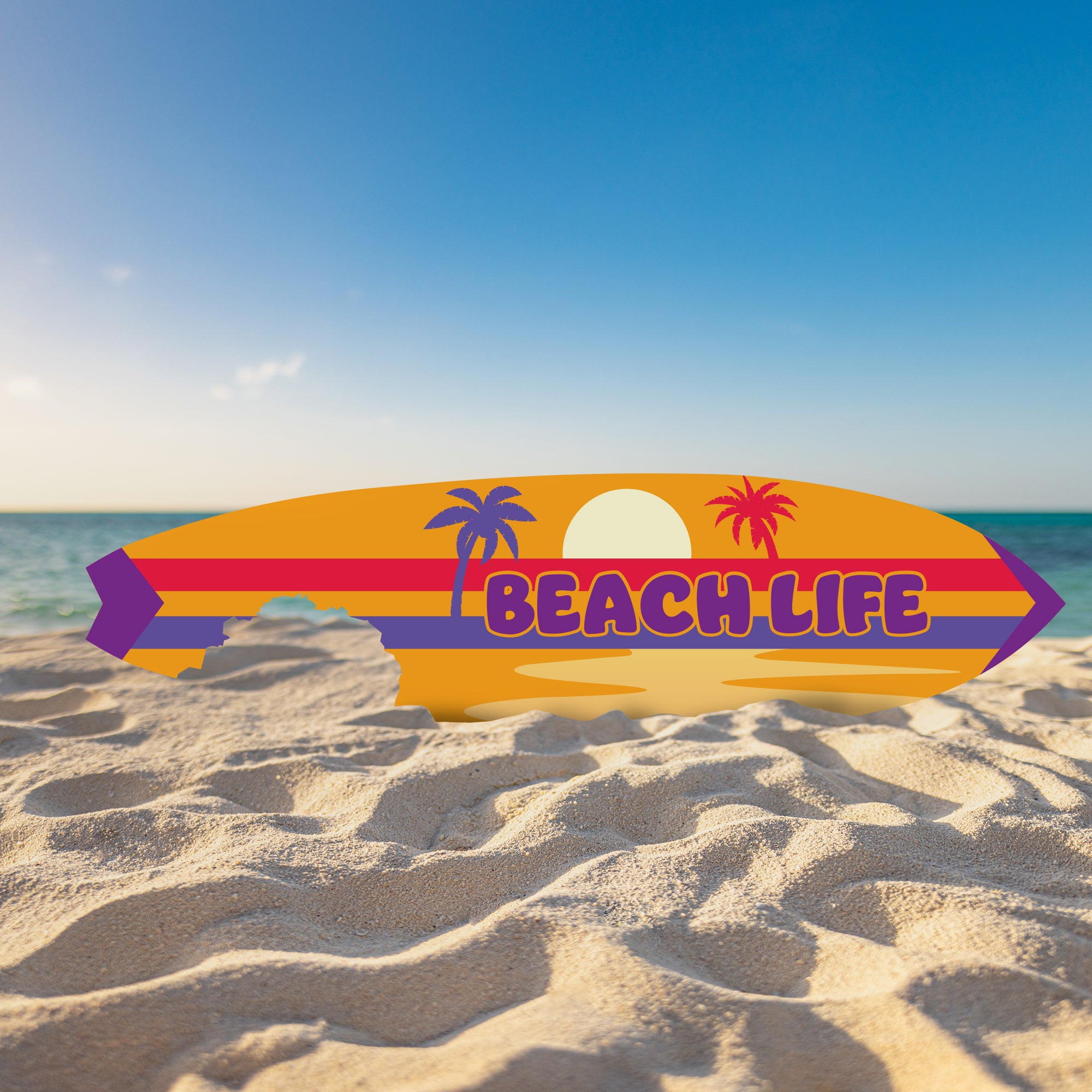 Outdoor Surfboard Wall Art with Shark Bite, Beach Life, Coastal Decor, Surfboard Sign Tropical Style, Weather Resistant PVC, 3 - 5 Feet