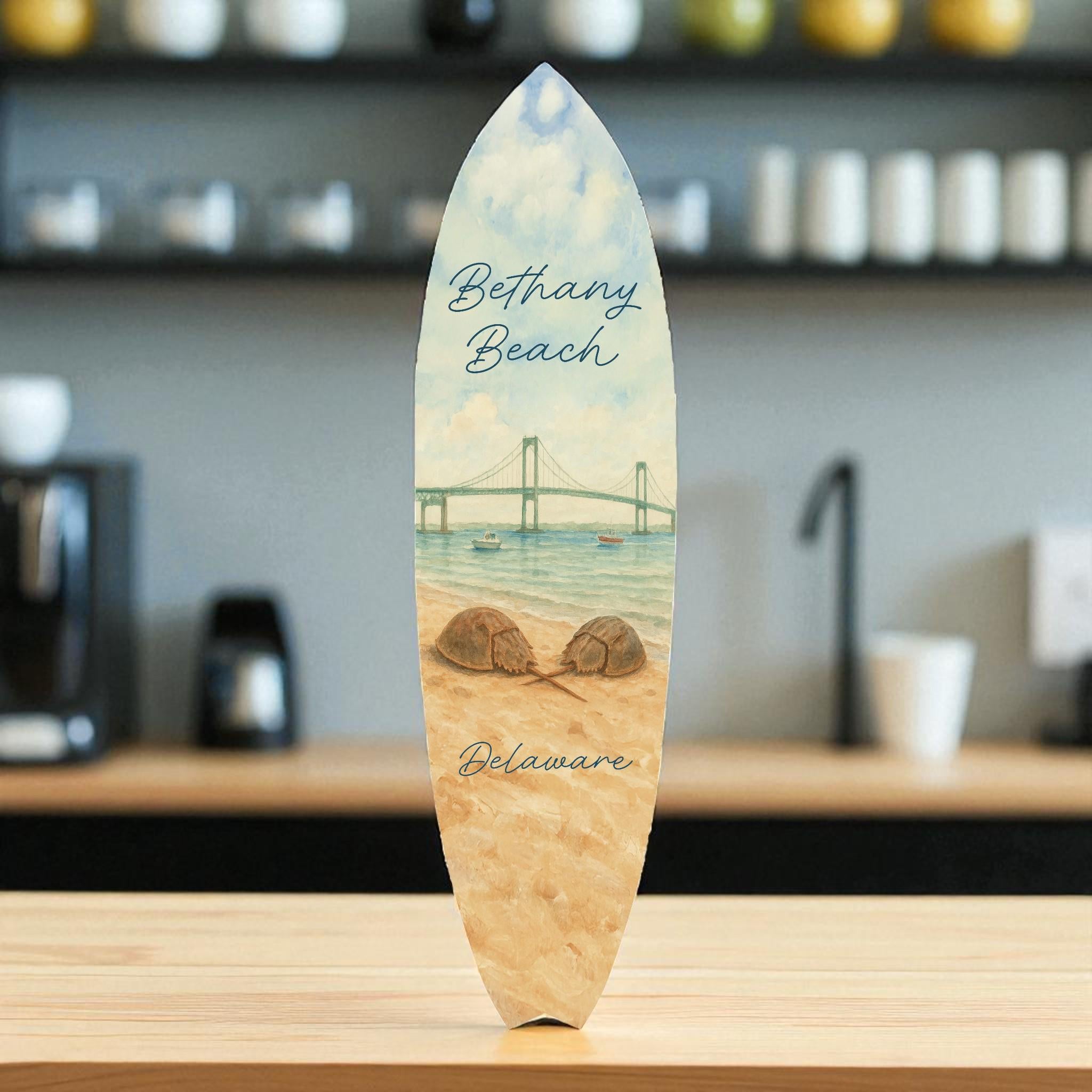 Bethany Beach PVC Surfboard Wall Art | 2–5 Ft Sizes | Outdoor Safe Coastal Decor | Indian River Bridge Background