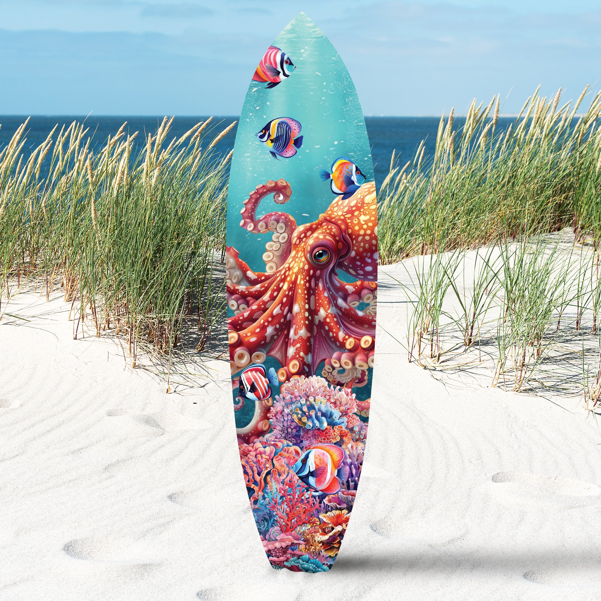 Outdoor Octopus Surfboard Wall Art Decor, Octopus Surfboard Sign, Weather Resistant PVC, 3 - 5 Feet