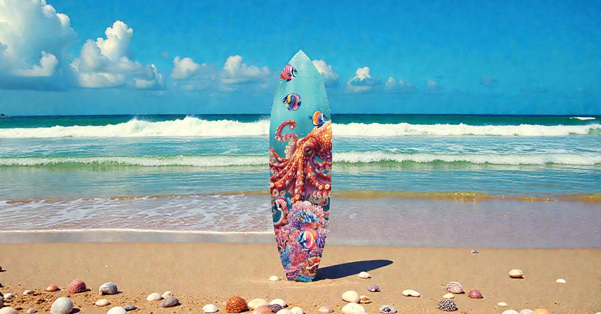 Outdoor Octopus Surfboard Wall Art Decor, Octopus Surfboard Sign, Weather Resistant PVC, 3 - 5 Feet