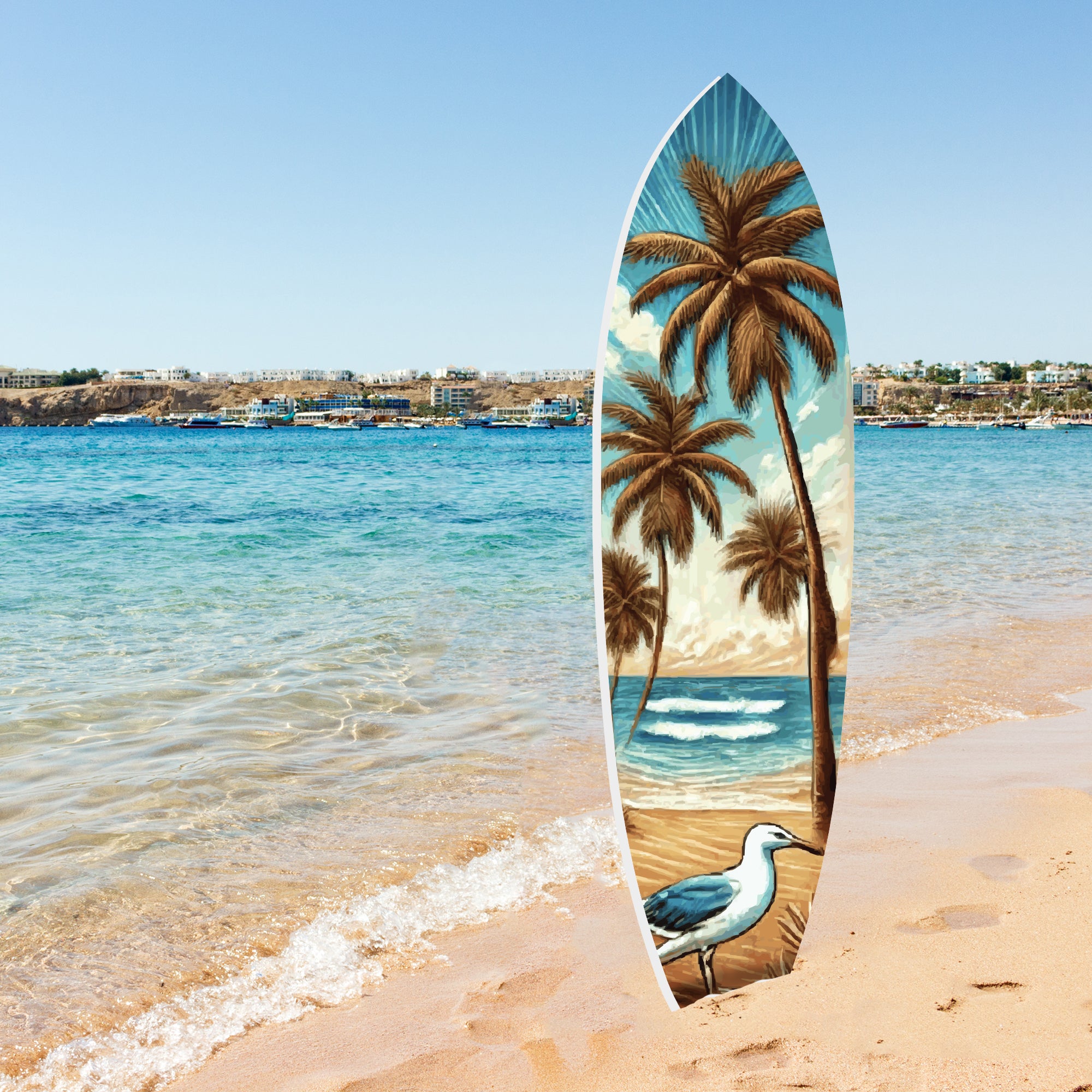 Outdoor Tropical Surfboard Wall Art, Palm Trees and Bird, Surfboard Sign, Beach House Curb Appeal, Weather Resistant PVC, 3 - 5 Feet