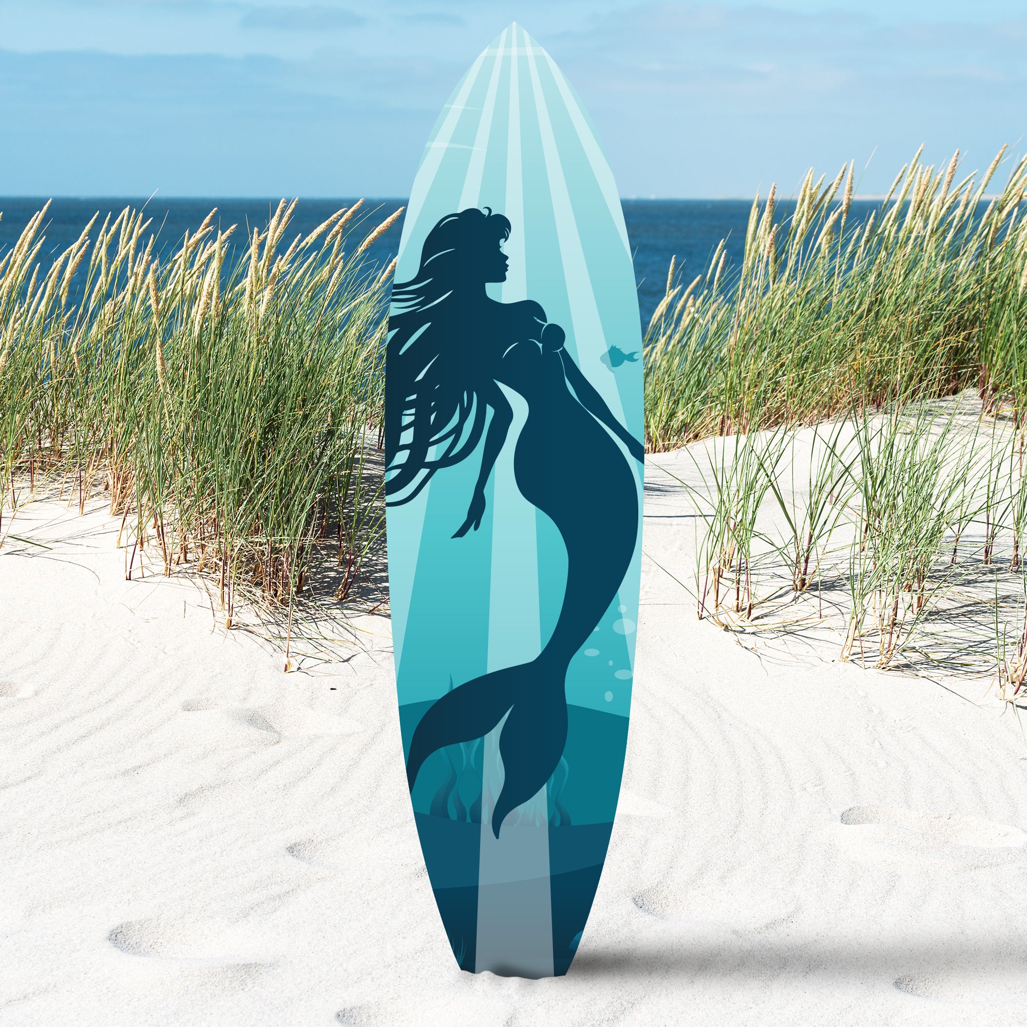 Outdoor Mermaid Surfboard Sign – Weatherproof PVC, Coastal Mermaid Decor for Beach House or Pool Area, Nautical Decoration, 3 - 5 Feet