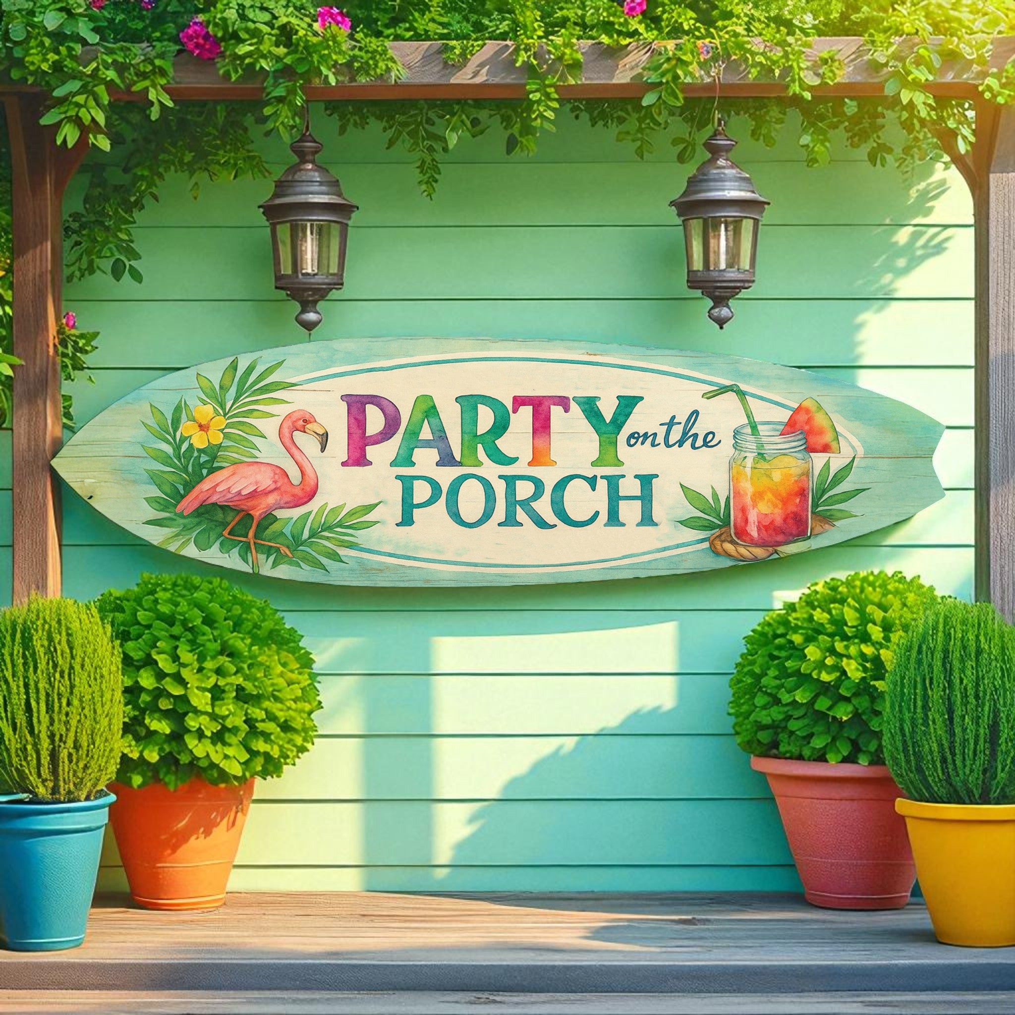 Party on the Porch Surfboard Wall Art – Indoor Outdoor PVC Porch Decor, Tropical Patio Sign, Flamingo Summer Decor, 2 - 5 Feet