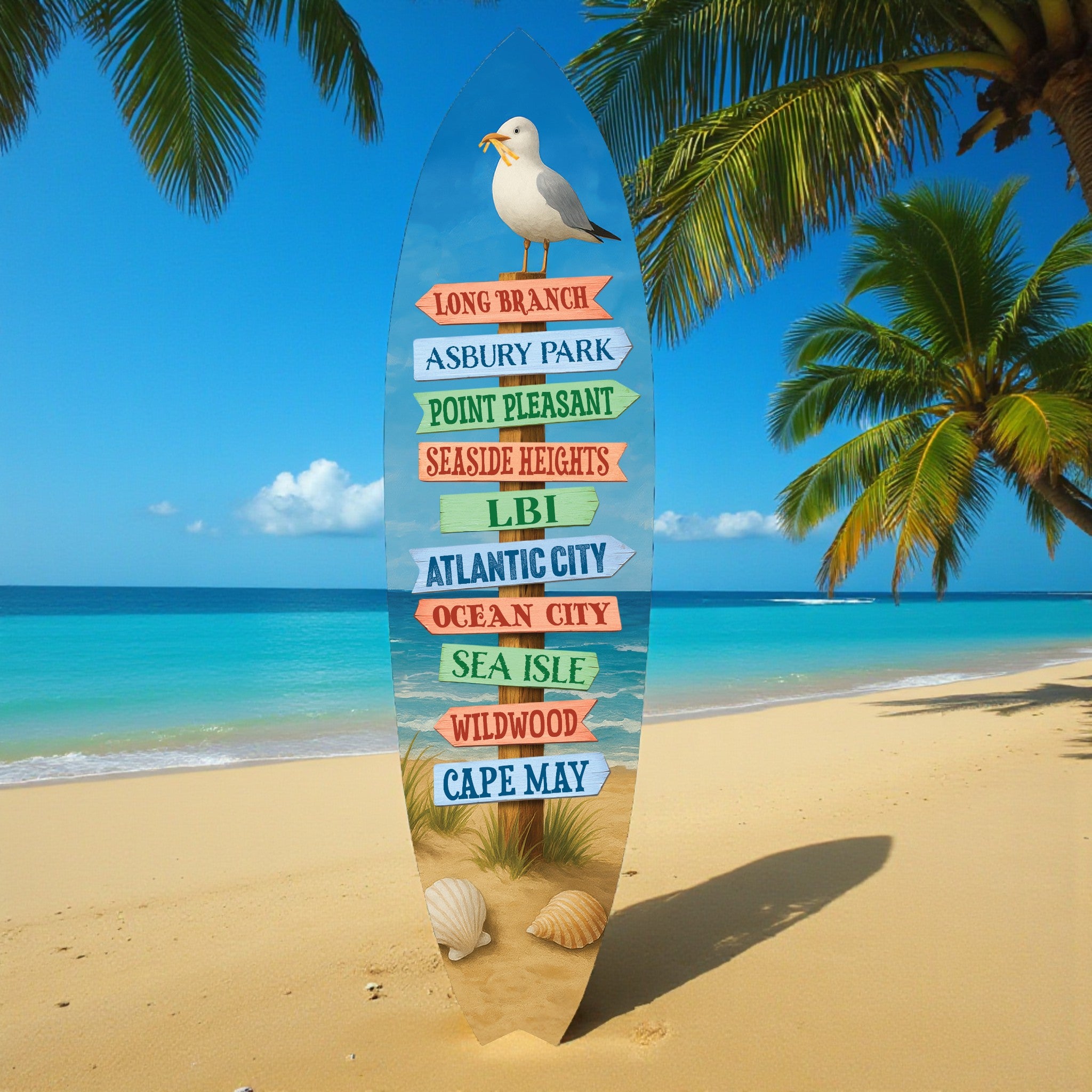 Jersey Shore Surfboard Wall Art – Coastal Beach House Decor New Jersey Towns, Weather-Resistant PVC Indoor Outdoor