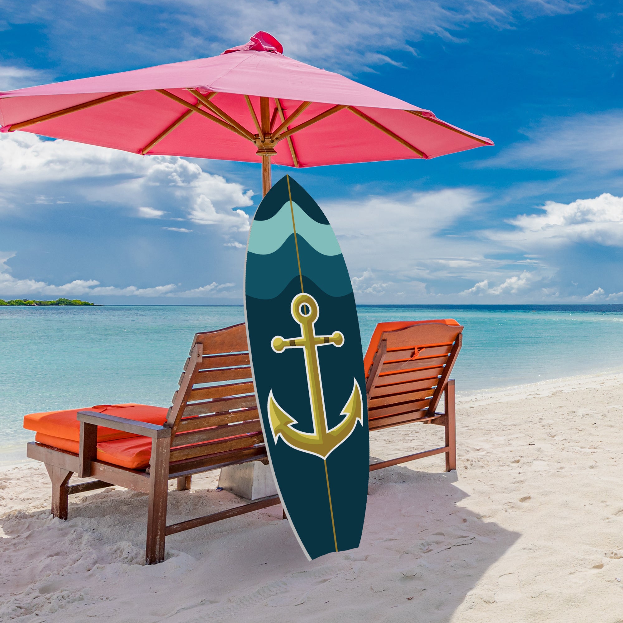 Outdoor Nautical Anchor Surfboard Wall Art, Navy Blue and Teal, Indoor Outdoor, Weather Resistant PVC, 3 -5 Feet