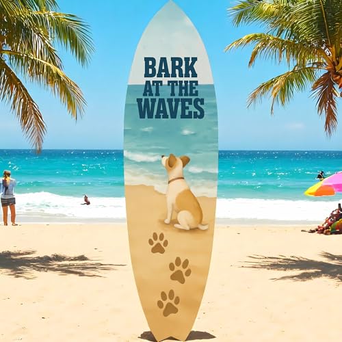 Outdoor Dog Surfboard Wall Decor – Coastal Pet Wall Art, PVC Beach House Decor, Bark at the Waves, 3 - 5 Feet