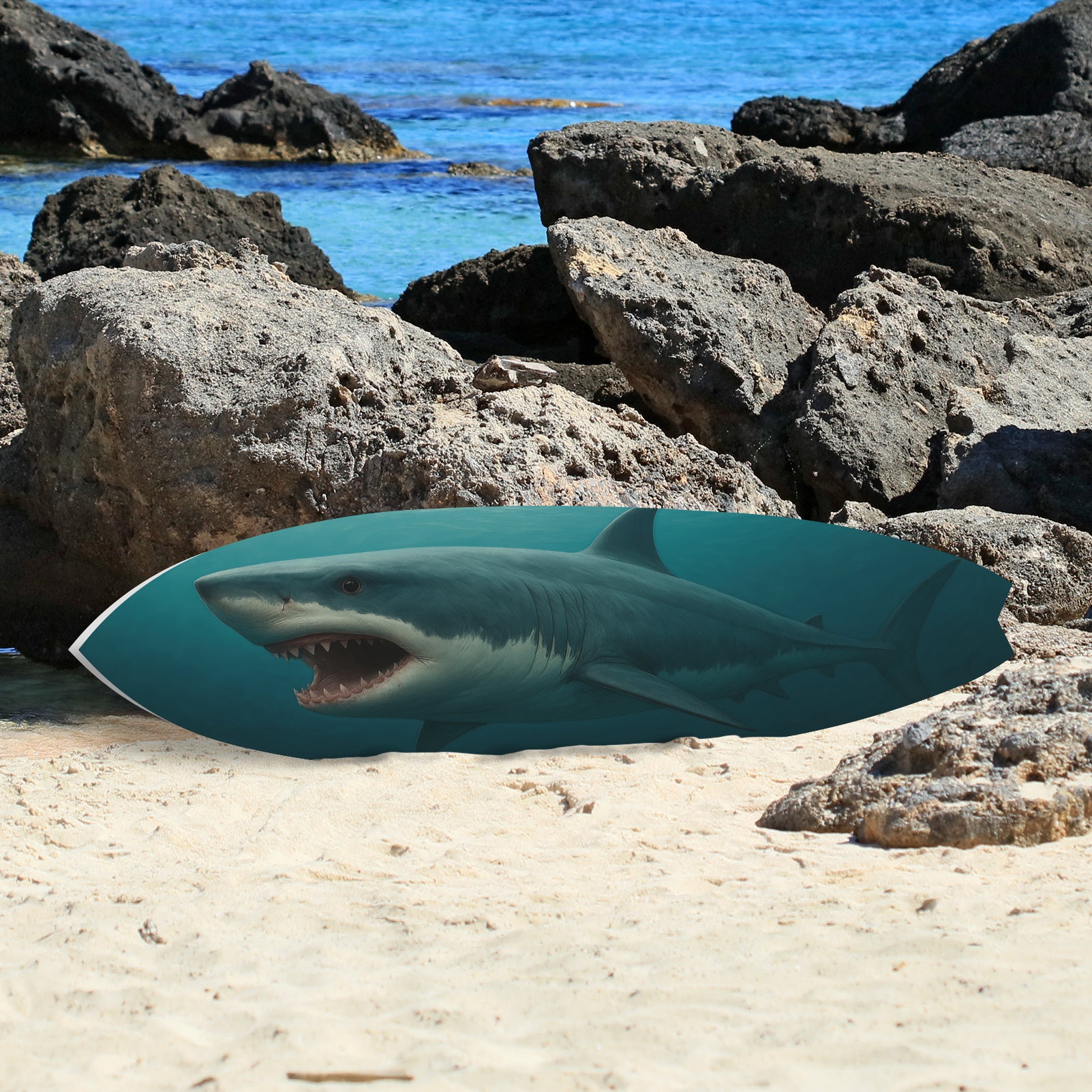 Outdoor Shark Surfboard Wall Art – Ocean Themed Shark Decor, Weatherproof PVC Beach House Sign Decorative Coastal Wall Hanging, 3 - 5 Feet