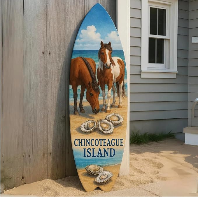 Outdoor Chincoteague Island Virginia Surfboard Decorative Wall Art with Horses and Oysters, Surfboard Sign Weather Resistant PVC, 3 - 5 Feet