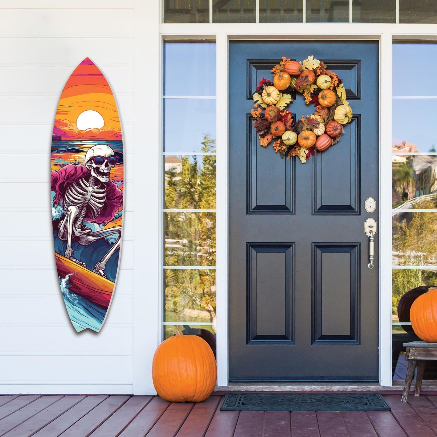 Halloween Surfboard Skeleton Wall Art – Spooky Surfing Sunset PVC Sign – Coastal Halloween Decor for Porch, Patio, or Beach House, 2 - 5 FT