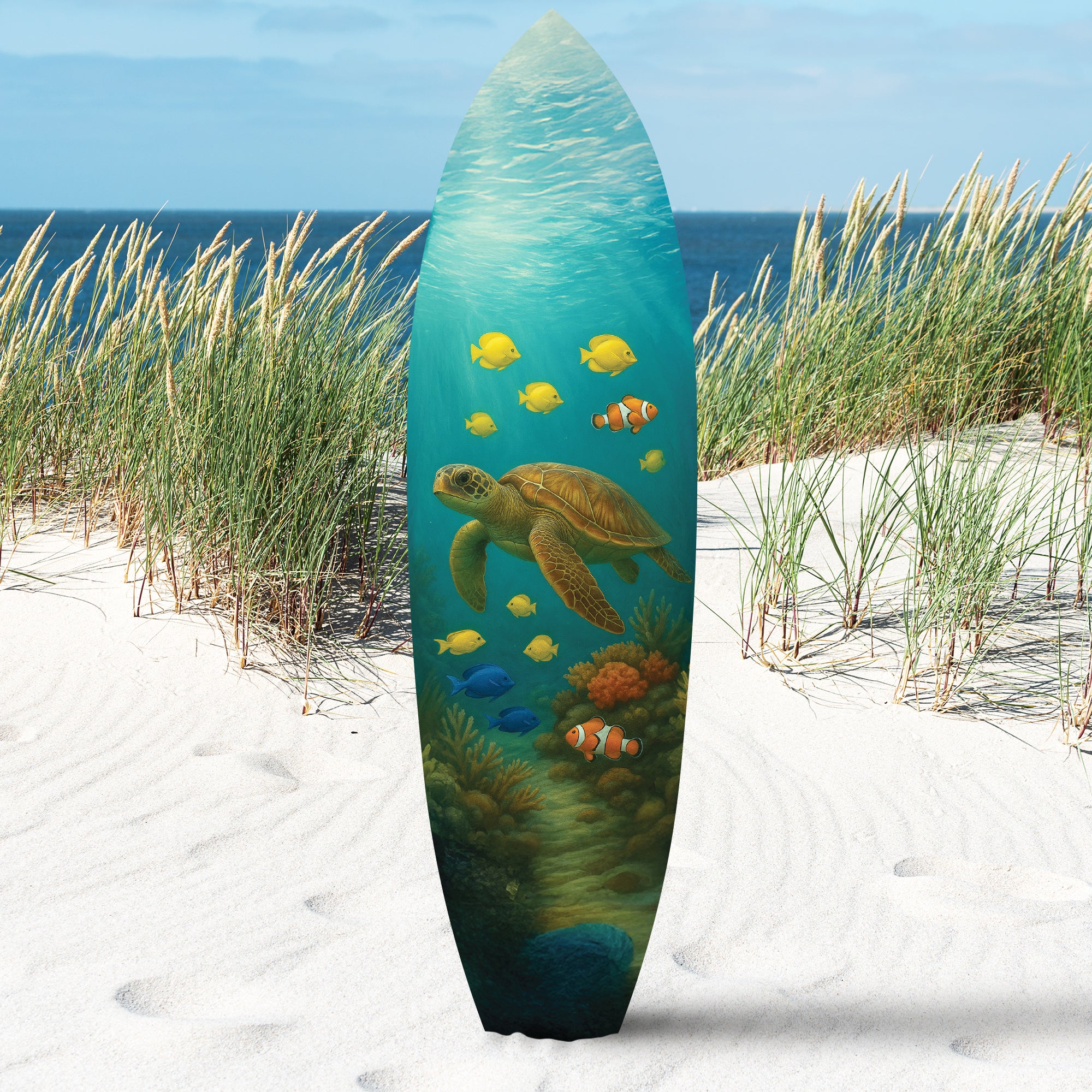 Outdoor Decorative Surfboard Wall Art - Sea Turtle Decor Surfboard Sign, Ocean-Themed, Beach House Sign, Weather Resistant PVC, 3 -5 Feet