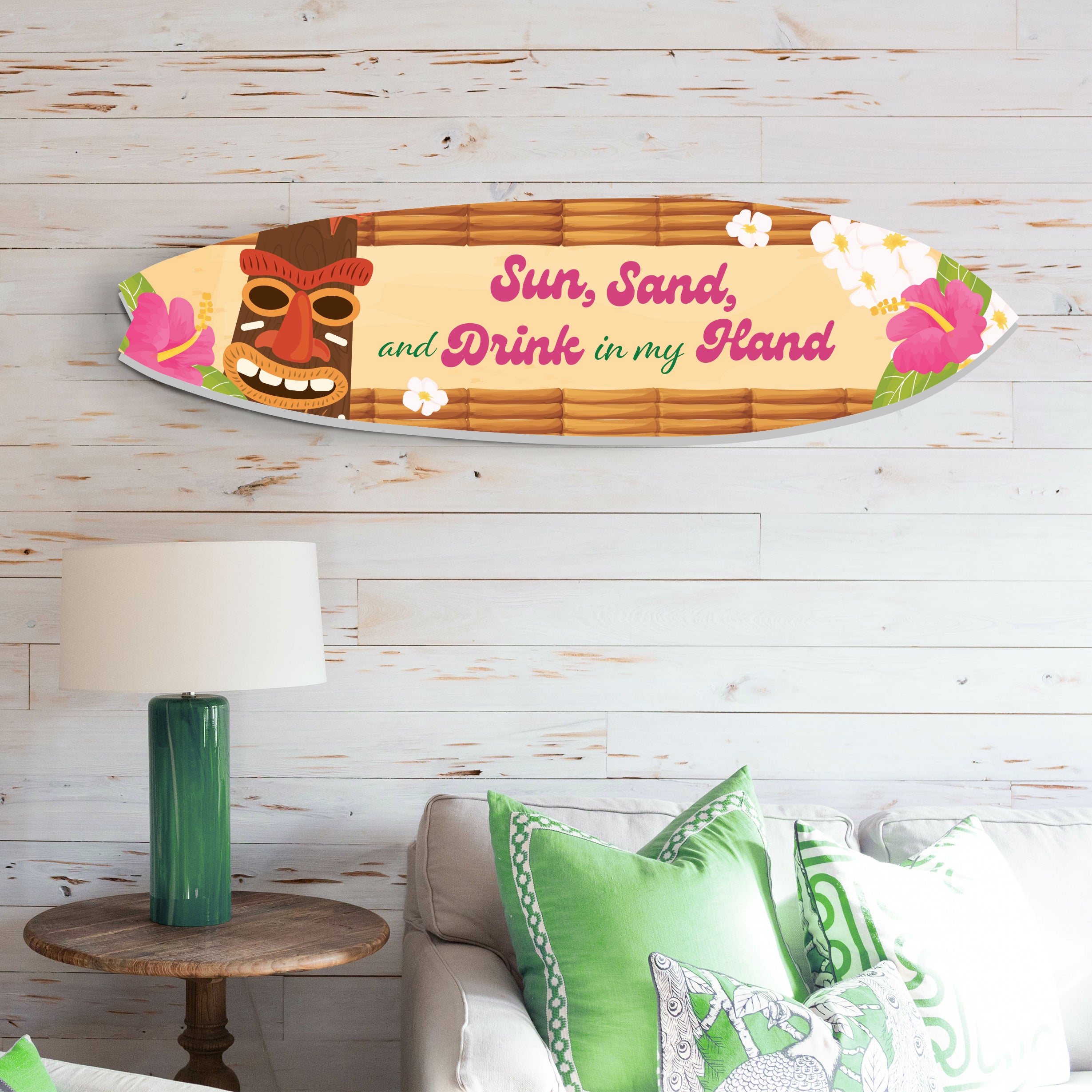 Tropical Surfboard and Tiki Bar Sign, Sun Sand Drink in Hand, Weather Resistant, Coastal Home Decor, 3 - 5 Feet