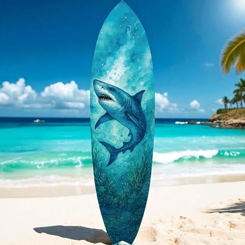 Shark Surfboard Wall Art – Watercolor Ocean Decor, Indoor Outdoor PVC, Coastal Shark Beach House Decoration, 3 - 5 Feet