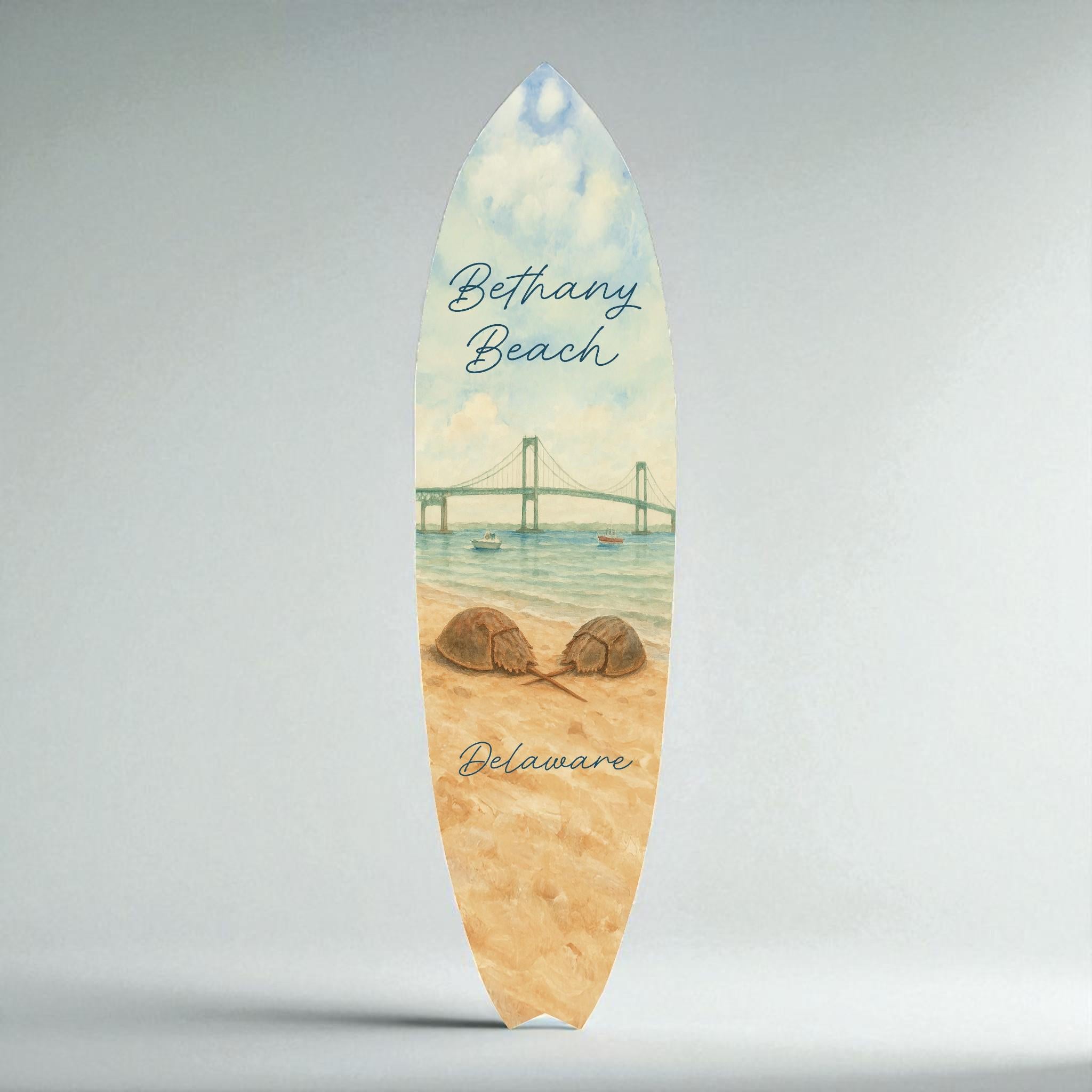 Bethany Beach PVC Surfboard Wall Art | 2–5 Ft Sizes | Outdoor Safe Coastal Decor | Indian River Bridge Background