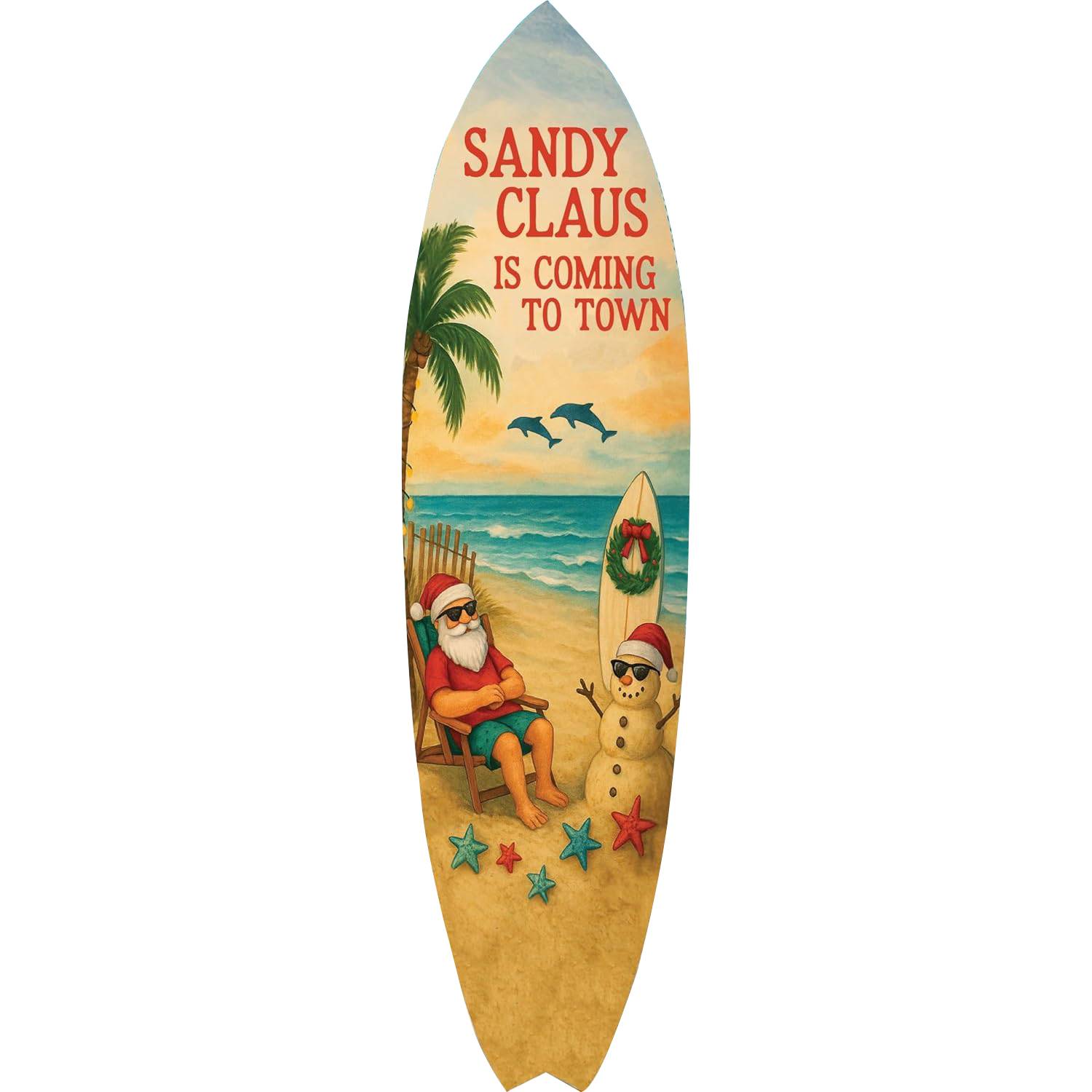 JennyGems Sandy Claus Christmas Surfboard Wall Art – Outdoor PVC Holiday Wall Decor with Santa Snowman Dolphins, Beachy Christmas Porch or Coastal Yard Decoration