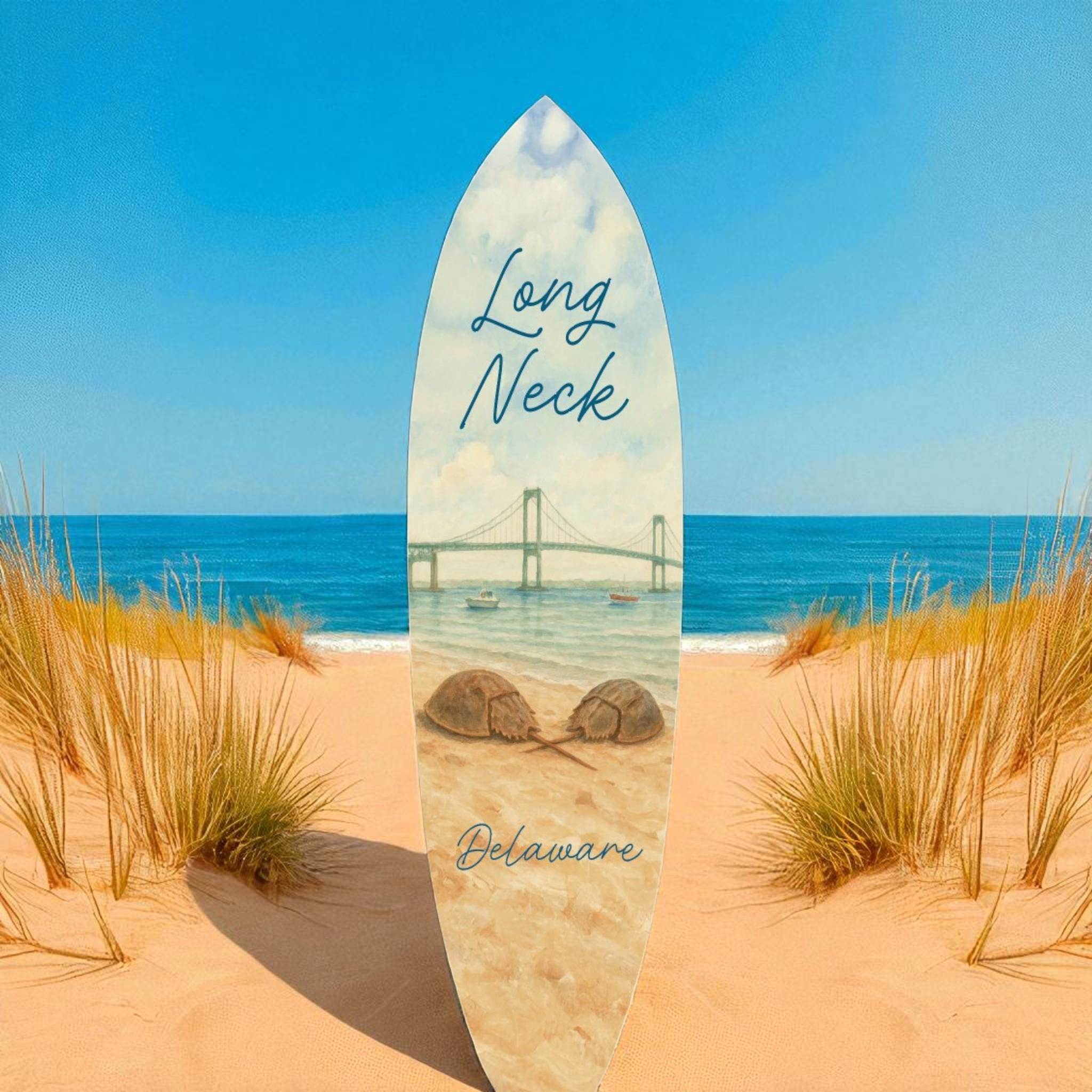 Long Neck Delaware Decorative Surfboard | Indoor Outdoor Coastal Wall Art, Nautical Beach House Decor, Horseshoe Crab Surfboard Sign