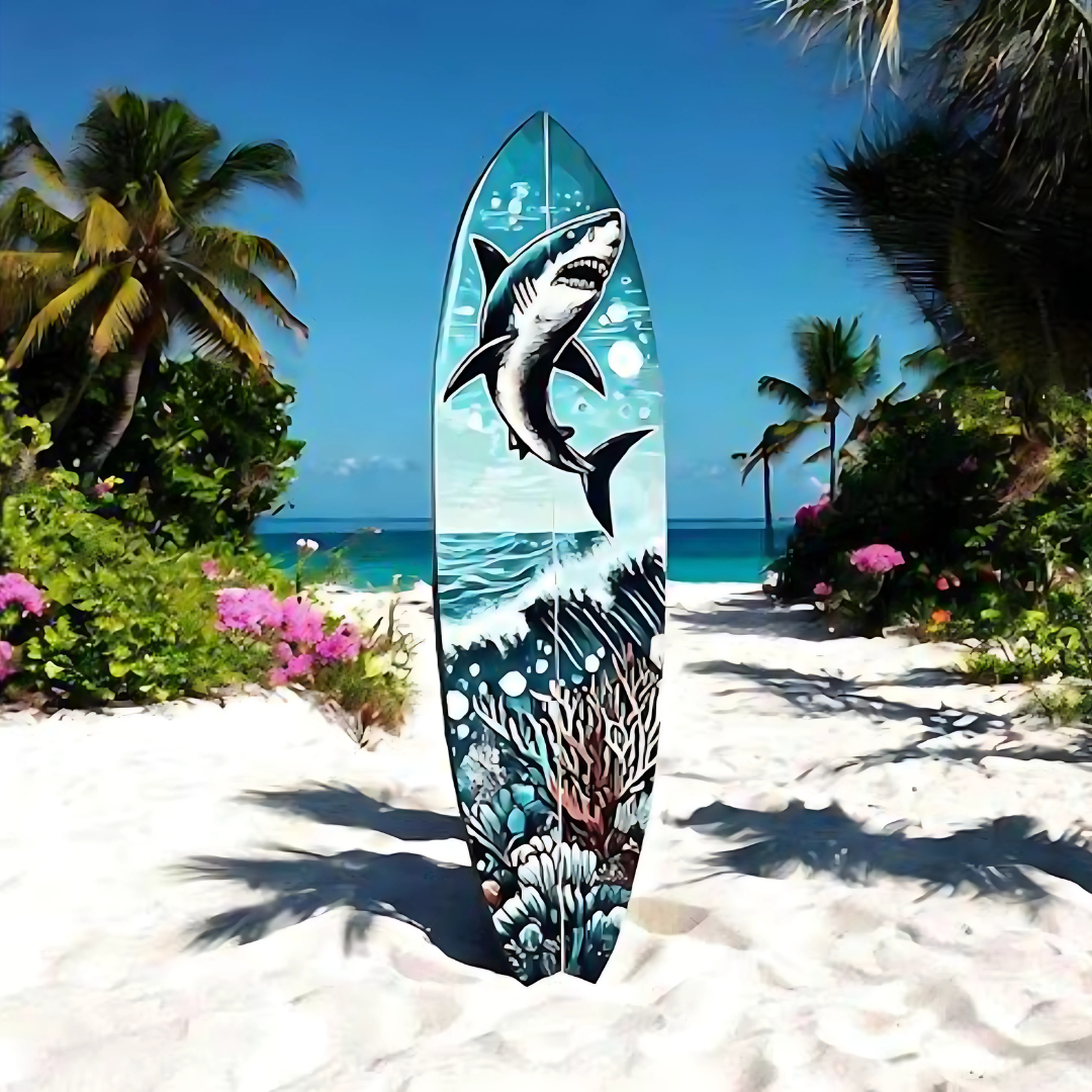 Outdoor Shark Surfboard Wall Art, Ocean Themed Shark Decor, Weather Resistant PVC Indoor Outdoor Decorative Beach House Decor, 3 - 5 Feet