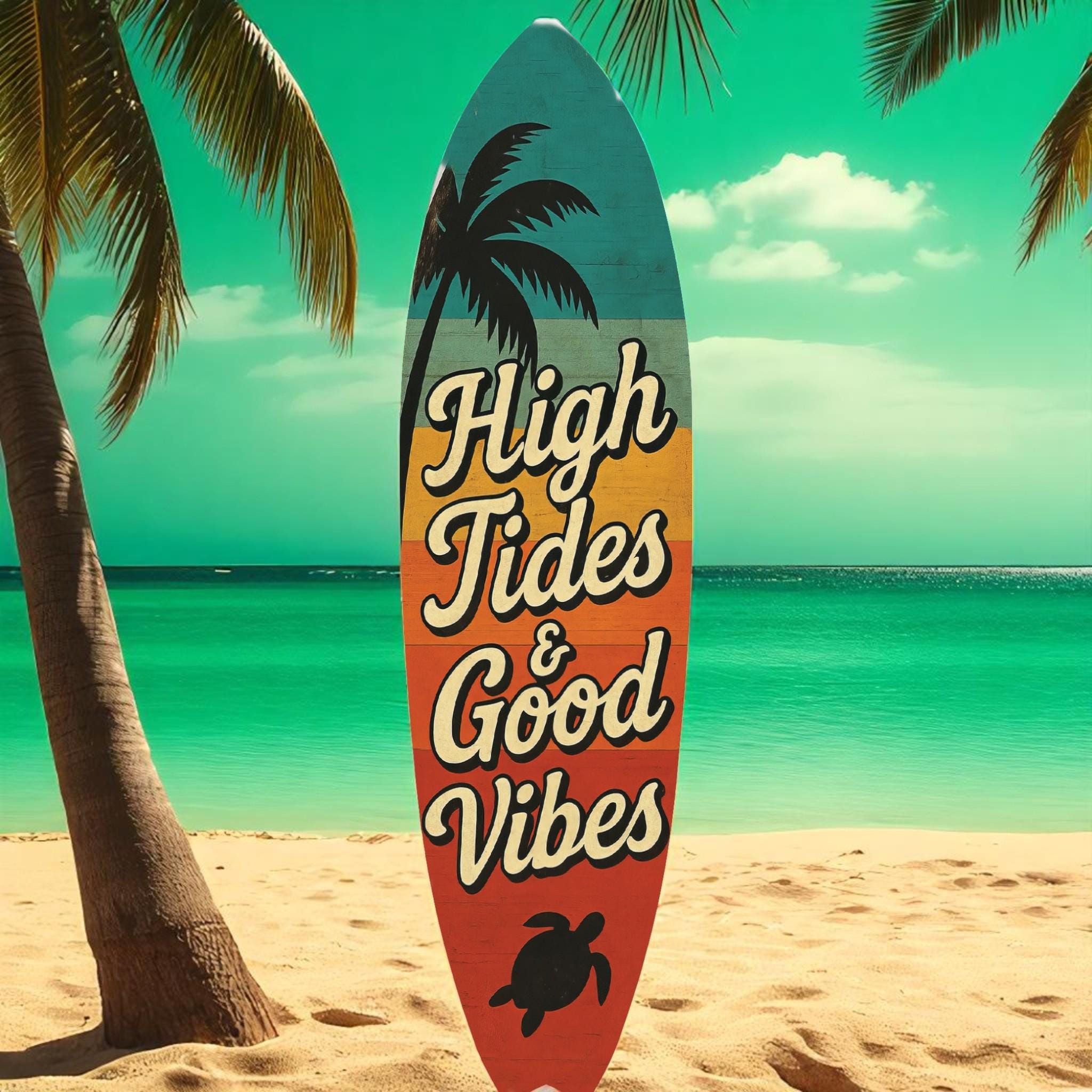 High Tides Good Vibes Surfboard Sign – Coastal Wall Decor with Sea Turtles, Palm Tree, Retro Beach House Art, Indoor Outdoor PVC, 3 - 5 Feet
