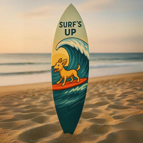 Outdoor Dog Surfboard Wall Decor – Coastal Pet Wall Art, PVC Beach House Decor for Dog Owners, Surfs Up, 3 - 5 Feet