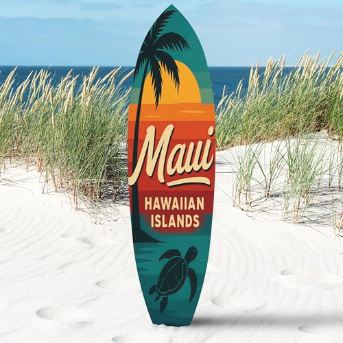 Outdoor Surfboard Wall Art - Maui Hawaiian Islands Sign, Palm Tree Sea Turtle, Coastal Beach House Decor Weatherproof PVC, 3 - 5 Feet