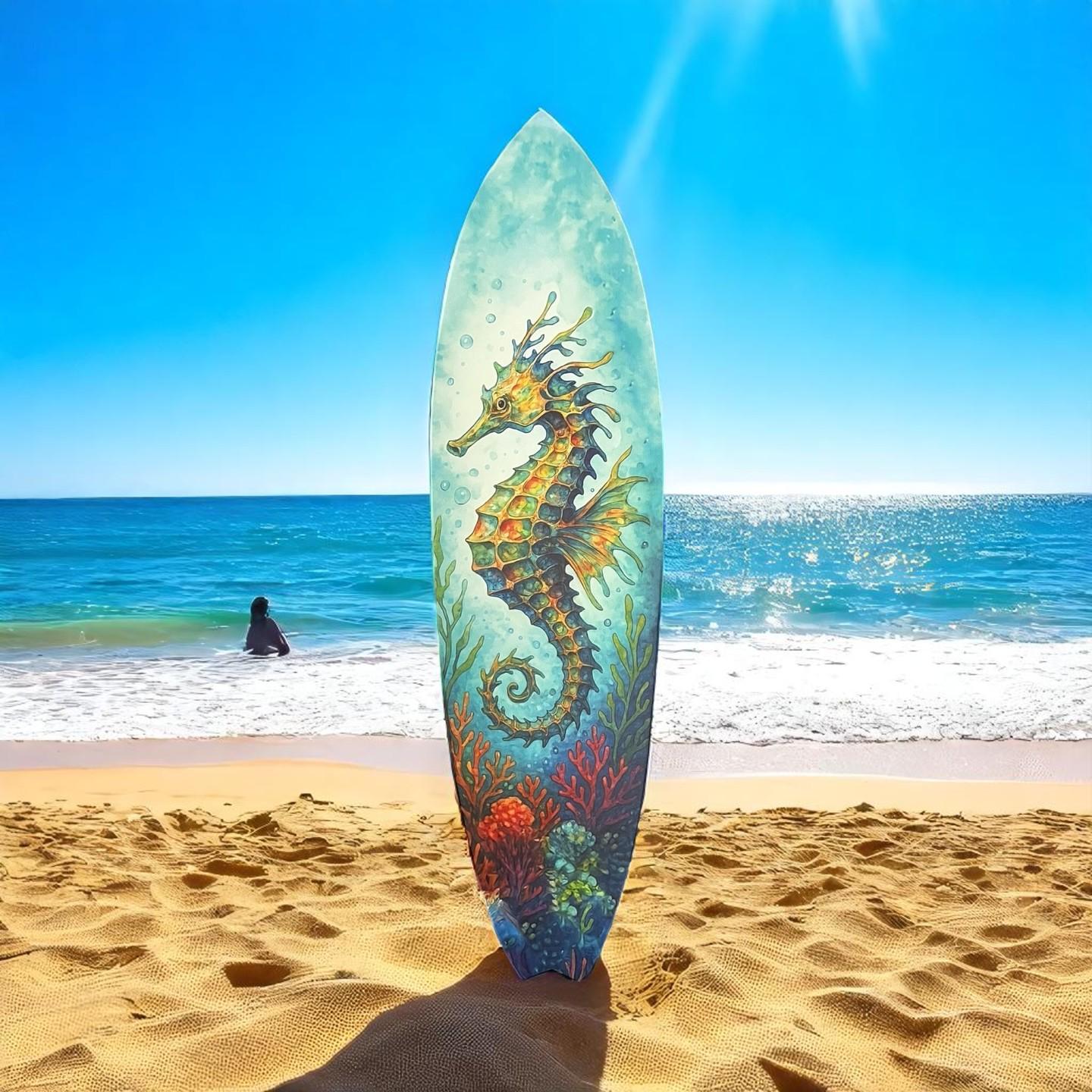 Seahorse Surfboard Wall Art – Coastal PVC Beach House Decor, Ocean Theme Nautical Wall Sign, Tropical Underwater Sea Dragon, 3 - 5 Feet