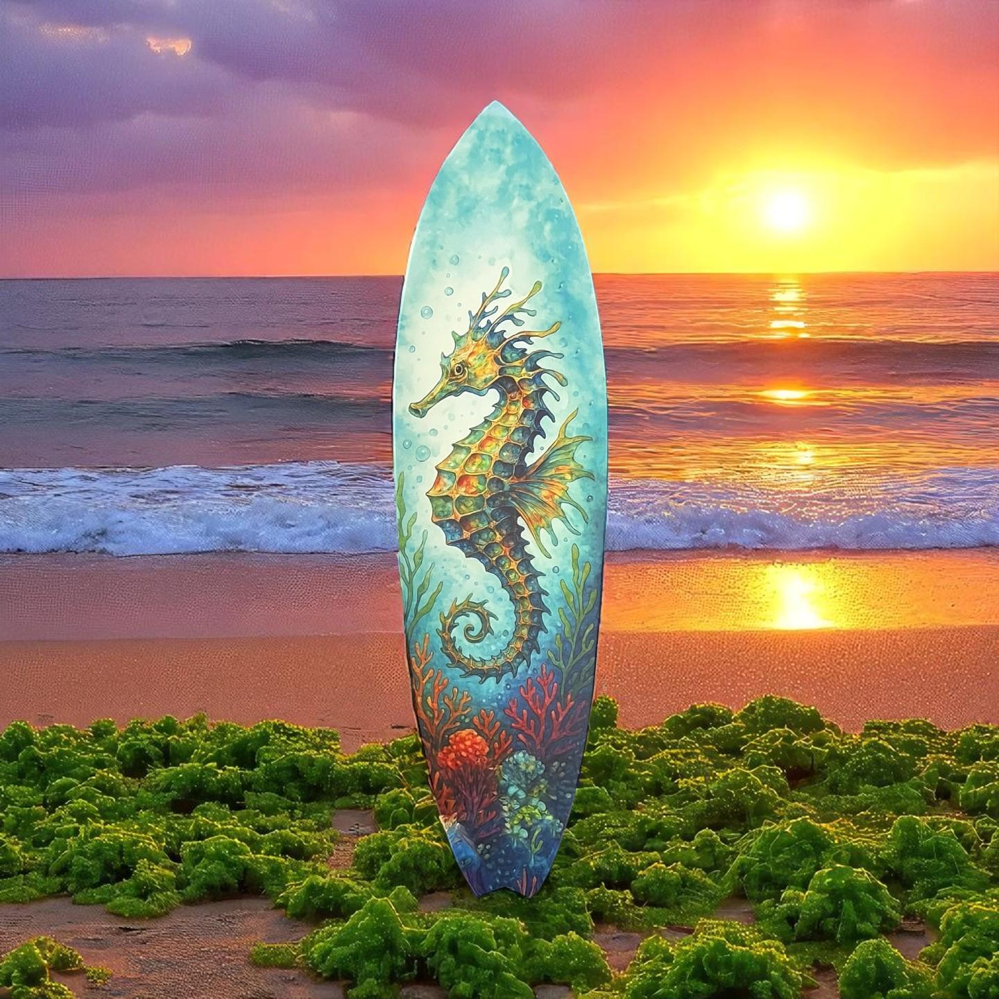 Seahorse Surfboard Wall Art – Coastal PVC Beach House Decor, Ocean Theme Nautical Wall Sign, Tropical Underwater Sea Dragon, 3 - 5 Feet