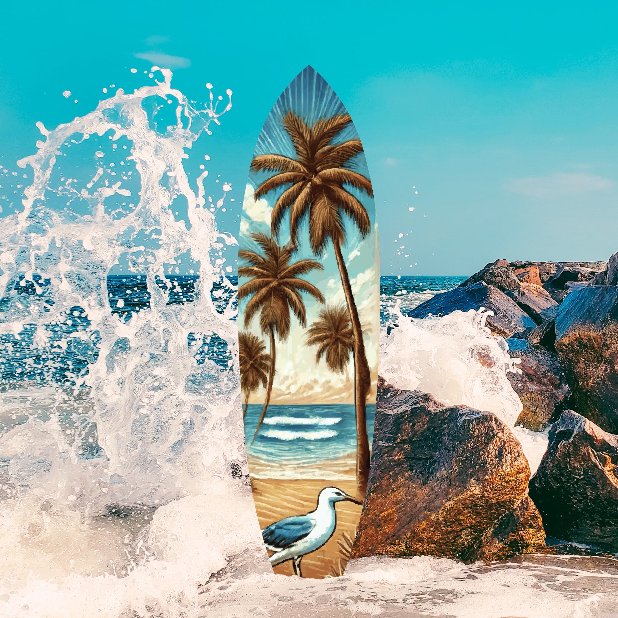 Outdoor Tropical Surfboard Wall Art, Palm Trees and Bird, Surfboard Sign, Beach House Curb Appeal, Weather Resistant PVC, 3 - 5 Feet