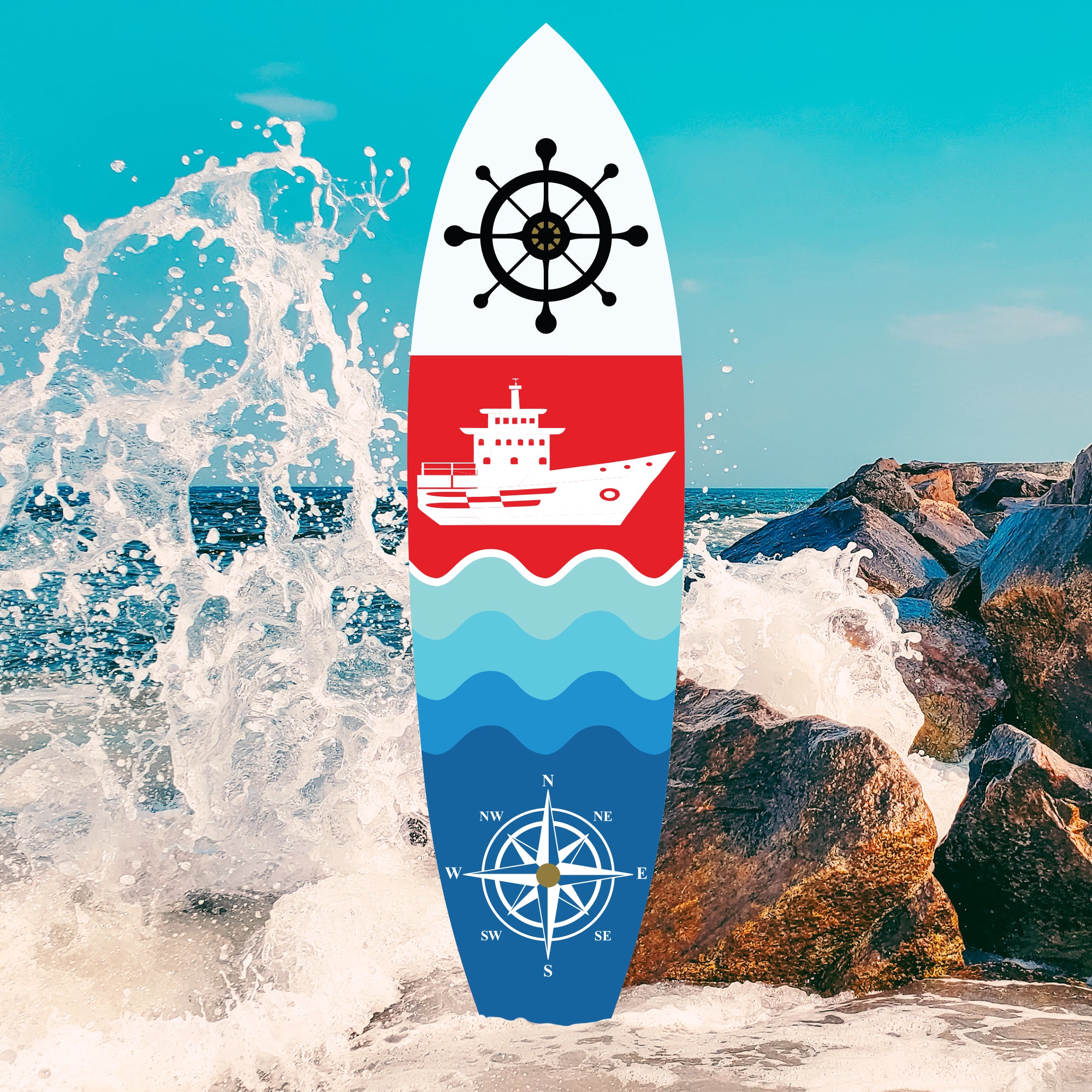 Outdoor Nautical Ship and Compass Surfboard Wall Art, PVC, Indoor and Outdoor, 3 - 5 Feet