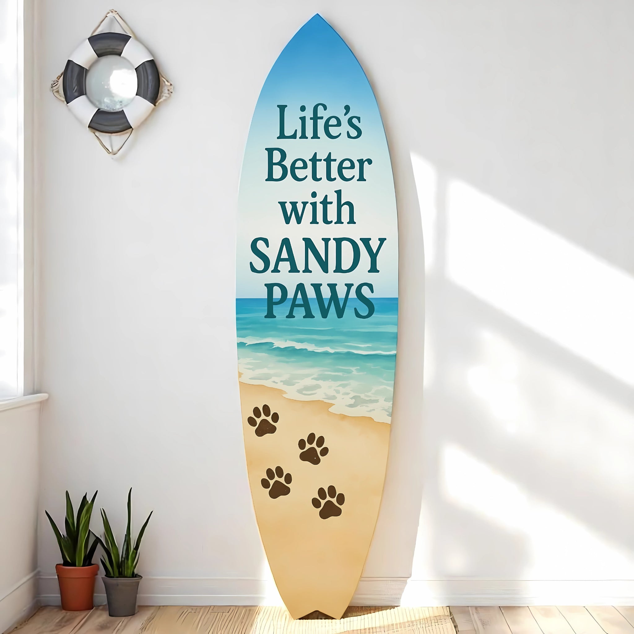 Outdoor Dog Surfboard Wall Decor – Coastal Pet Wall Art, PVC Beach House Decor, Life's Better Sandy Paws, 3 - 5 Feet