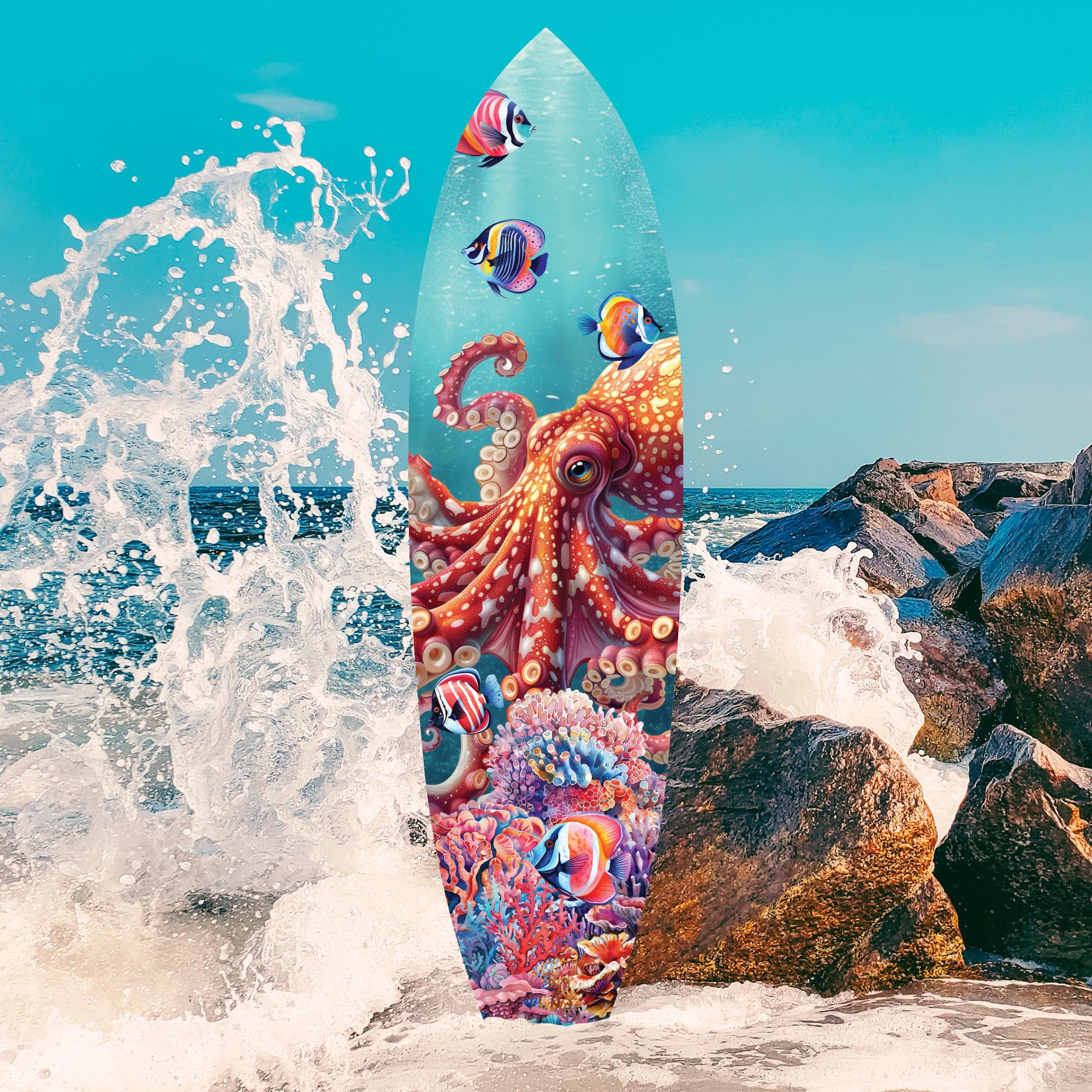 Outdoor Octopus Surfboard Wall Art Decor, Octopus Surfboard Sign, Weather Resistant PVC, 3 - 5 Feet