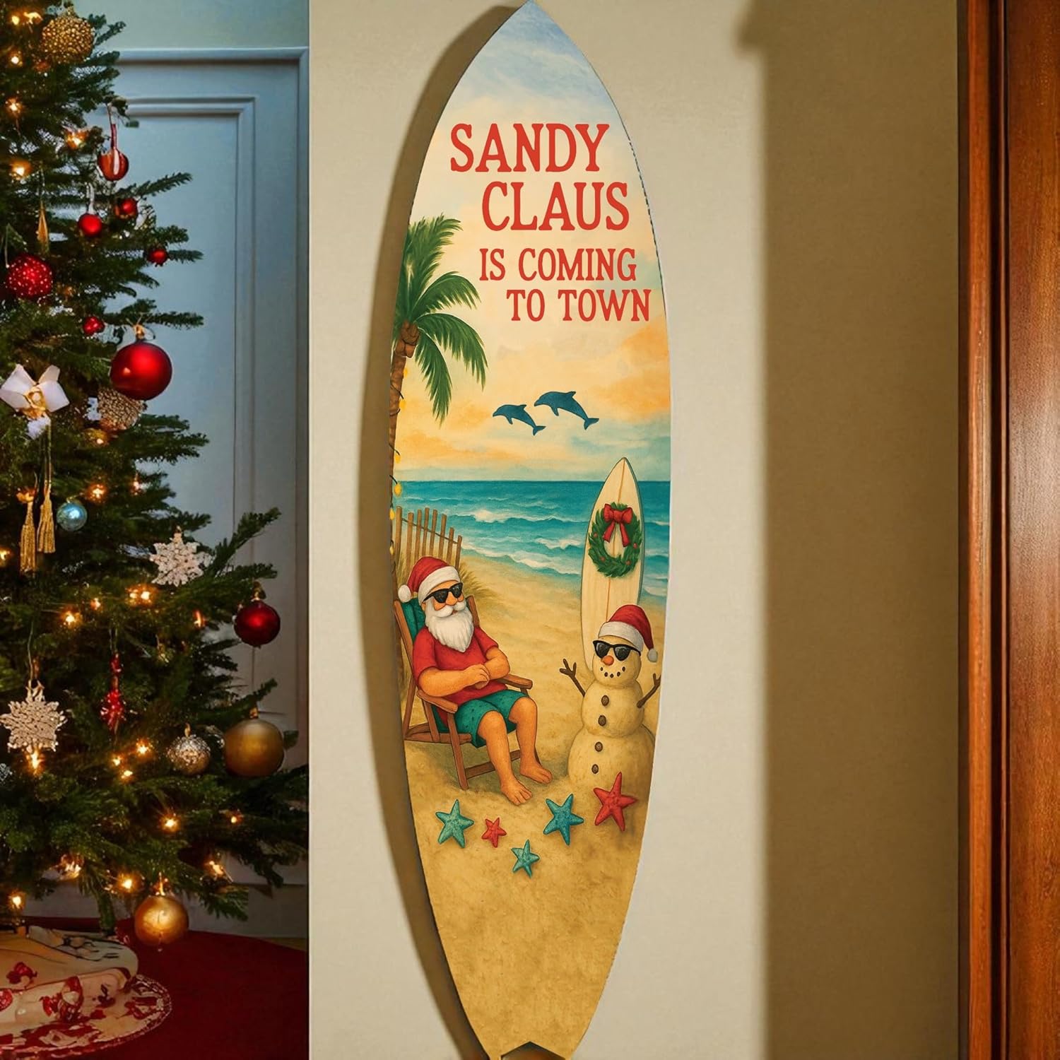 JennyGems Sandy Claus Christmas Surfboard Wall Art – Outdoor PVC Holiday Wall Decor with Santa Snowman Dolphins, Beachy Christmas Porch or Coastal Yard Decoration