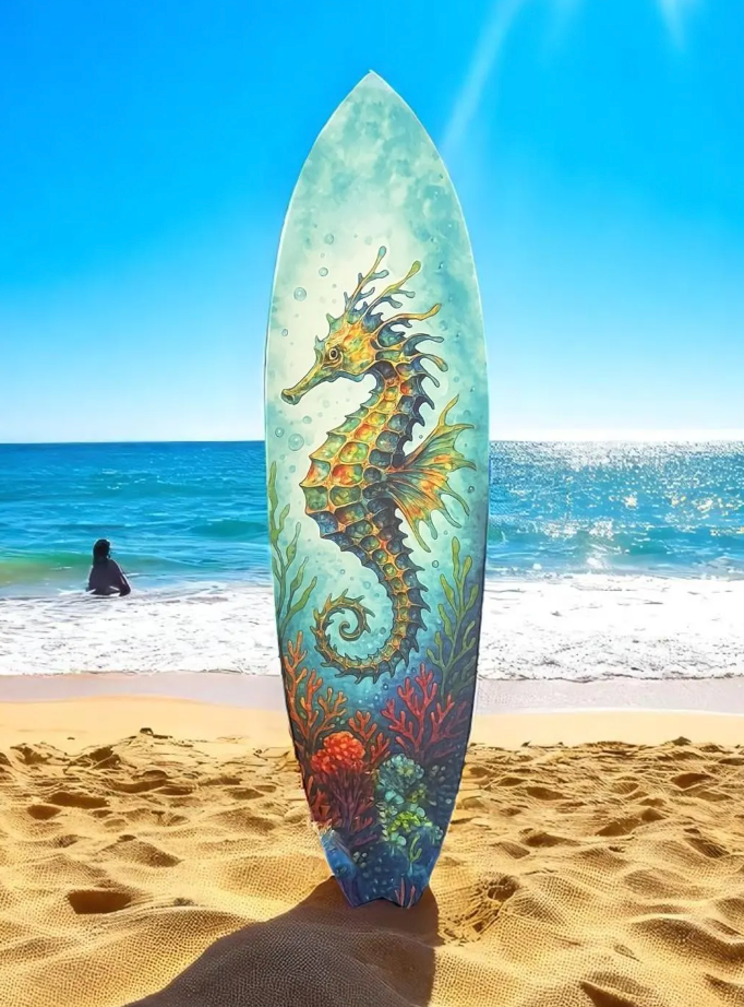 Seahorse Surfboard Wall Art – Coastal PVC Beach House Decor, Ocean Theme Nautical Wall Sign, Tropical Underwater Sea Dragon, 3 - 5 Feet