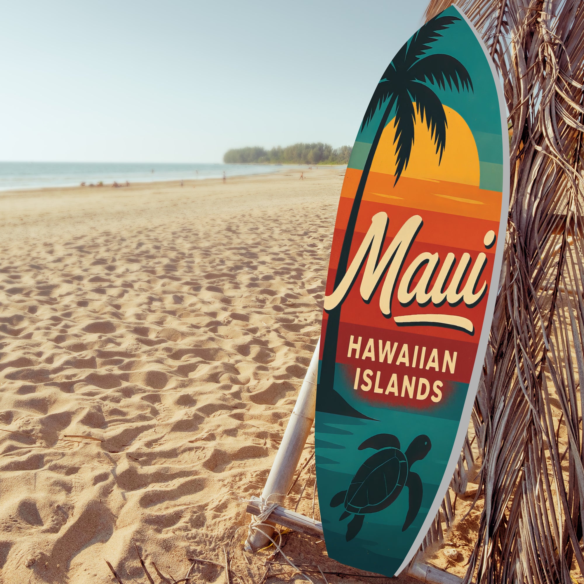 Outdoor Surfboard Wall Art - Maui Hawaiian Islands Sign, Palm Tree Sea Turtle, Coastal Beach House Decor Weatherproof PVC, 3 - 5 Feet