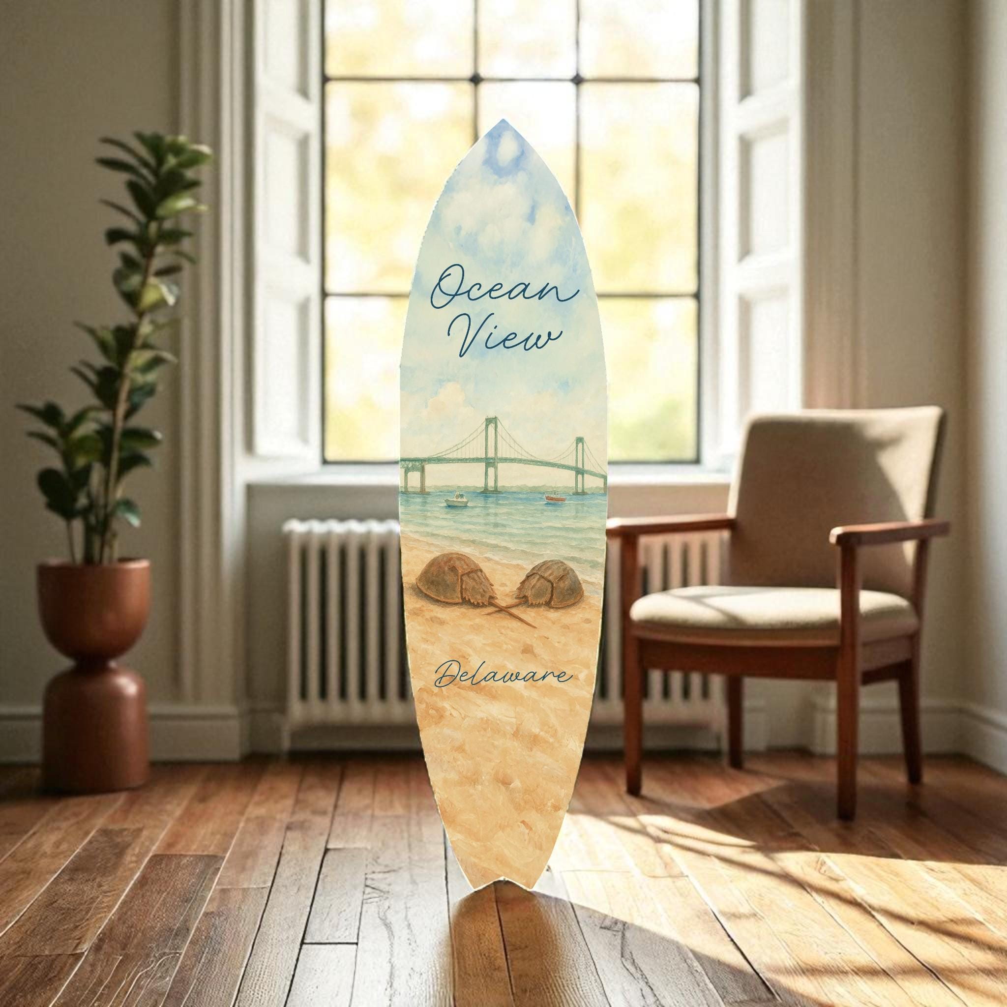 Ocean View Delaware PVC Surfboard Wall Art | 2–5 Ft Sizes | Outdoor Safe Coastal Decor | Beach House Patio Sign