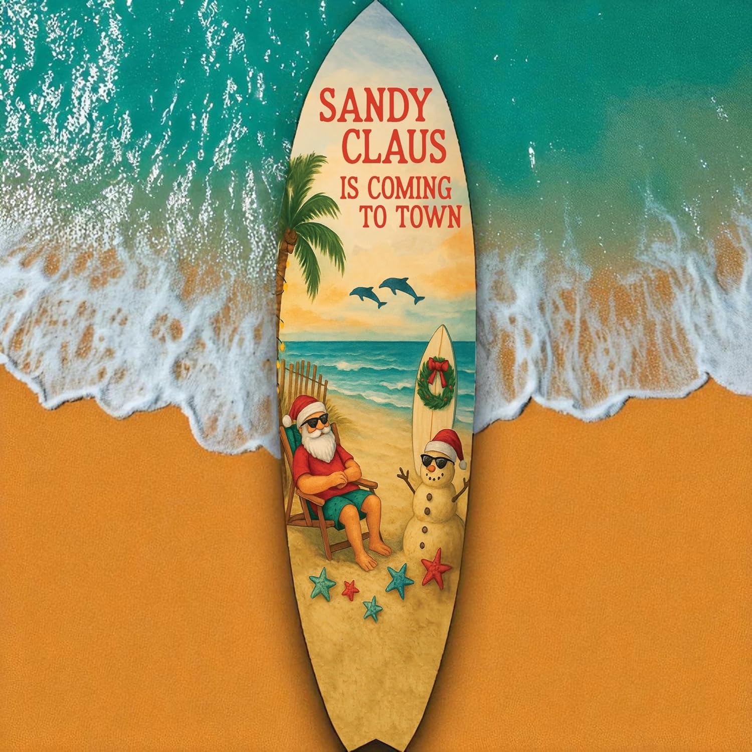 JennyGems Sandy Claus Christmas Surfboard Wall Art – Outdoor PVC Holiday Wall Decor with Santa Snowman Dolphins, Beachy Christmas Porch or Coastal Yard Decoration