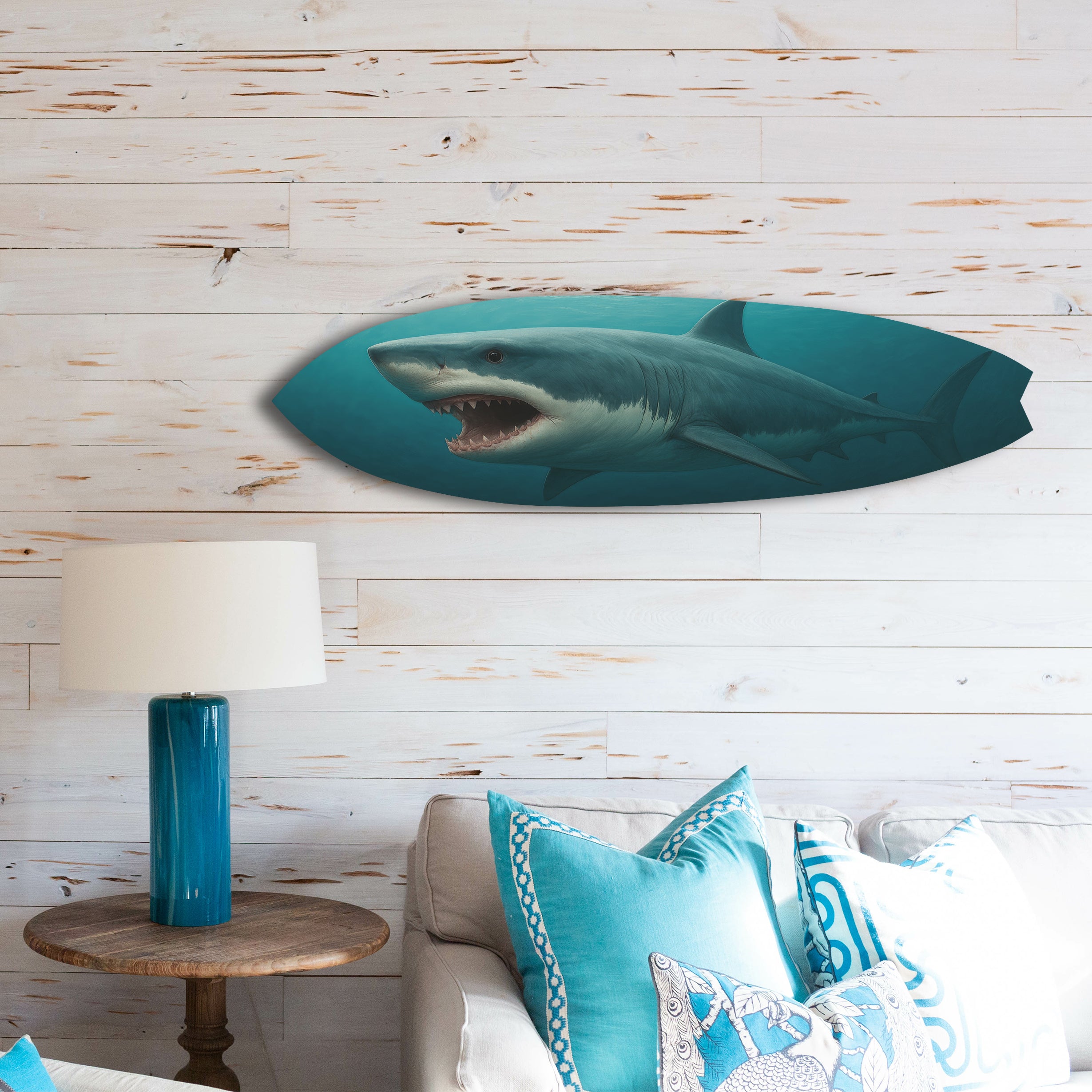Outdoor Shark Surfboard Wall Art – Ocean Themed Shark Decor, Weatherproof PVC Beach House Sign Decorative Coastal Wall Hanging, 3 - 5 Feet