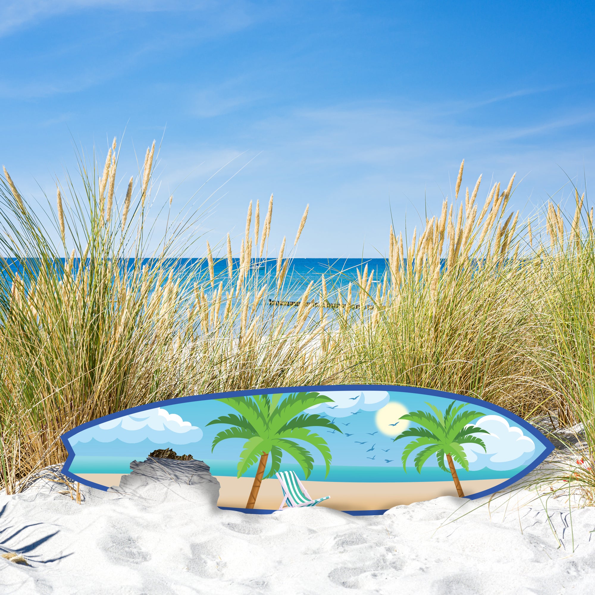 Outdoor Surfboard Wall Art, Beach Decor, Surfboard Sign with Shark Bite, Palm Trees and Beach-Themed, Weather Resistant PVC, 3 - 5 Feet