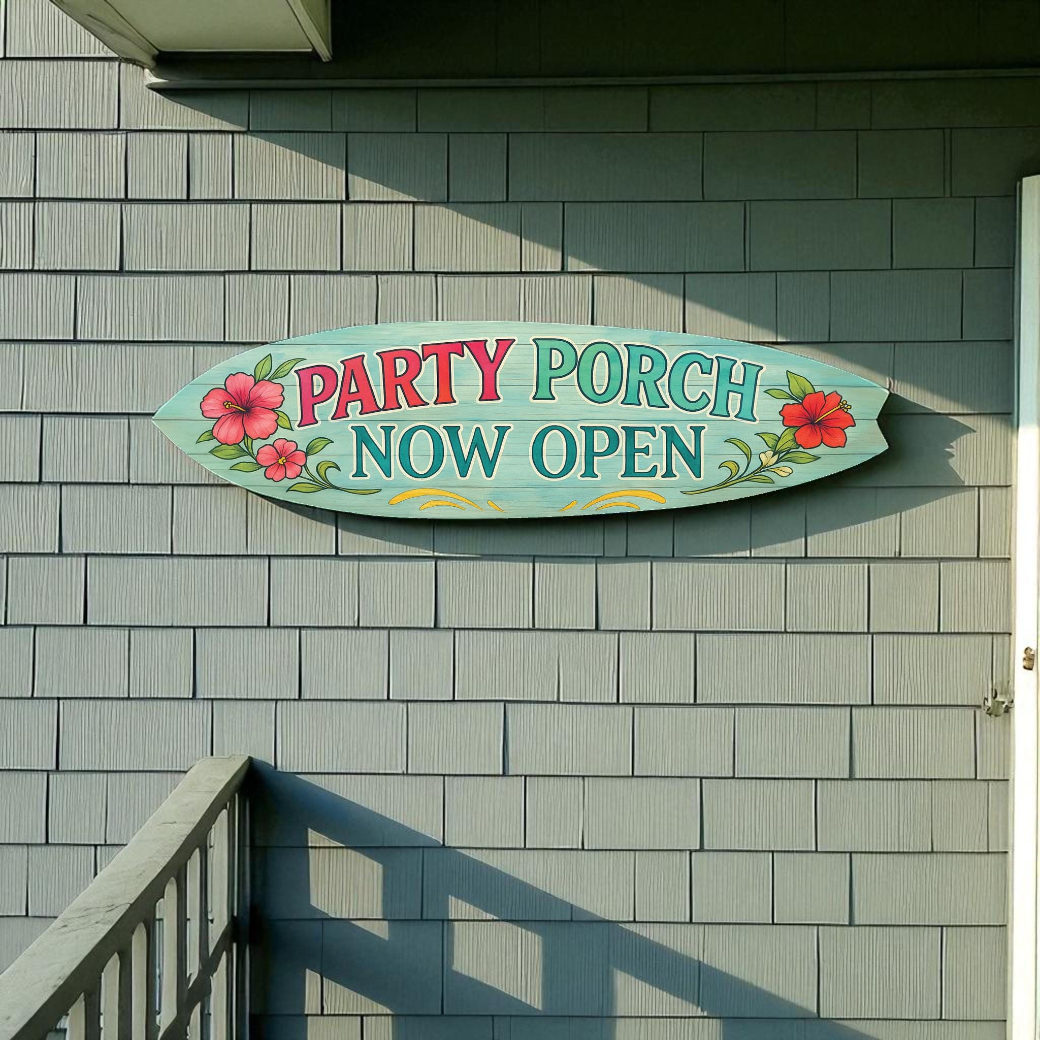 Party Porch Now Open Surfboard Sign – Coastal Porch Decor – Indoor Outdoor Beach House Sign, 3 - 5 Feet