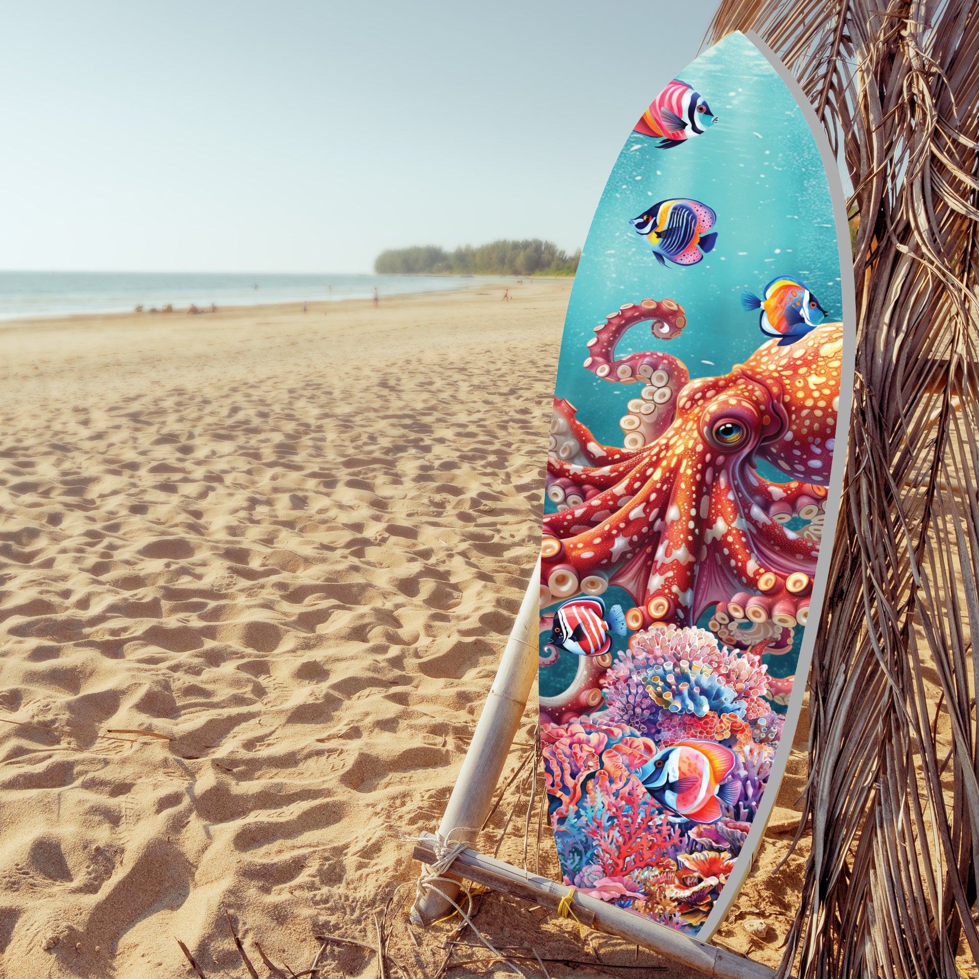 Outdoor Octopus Surfboard Wall Art Decor, Octopus Surfboard Sign, Weather Resistant PVC, 3 - 5 Feet