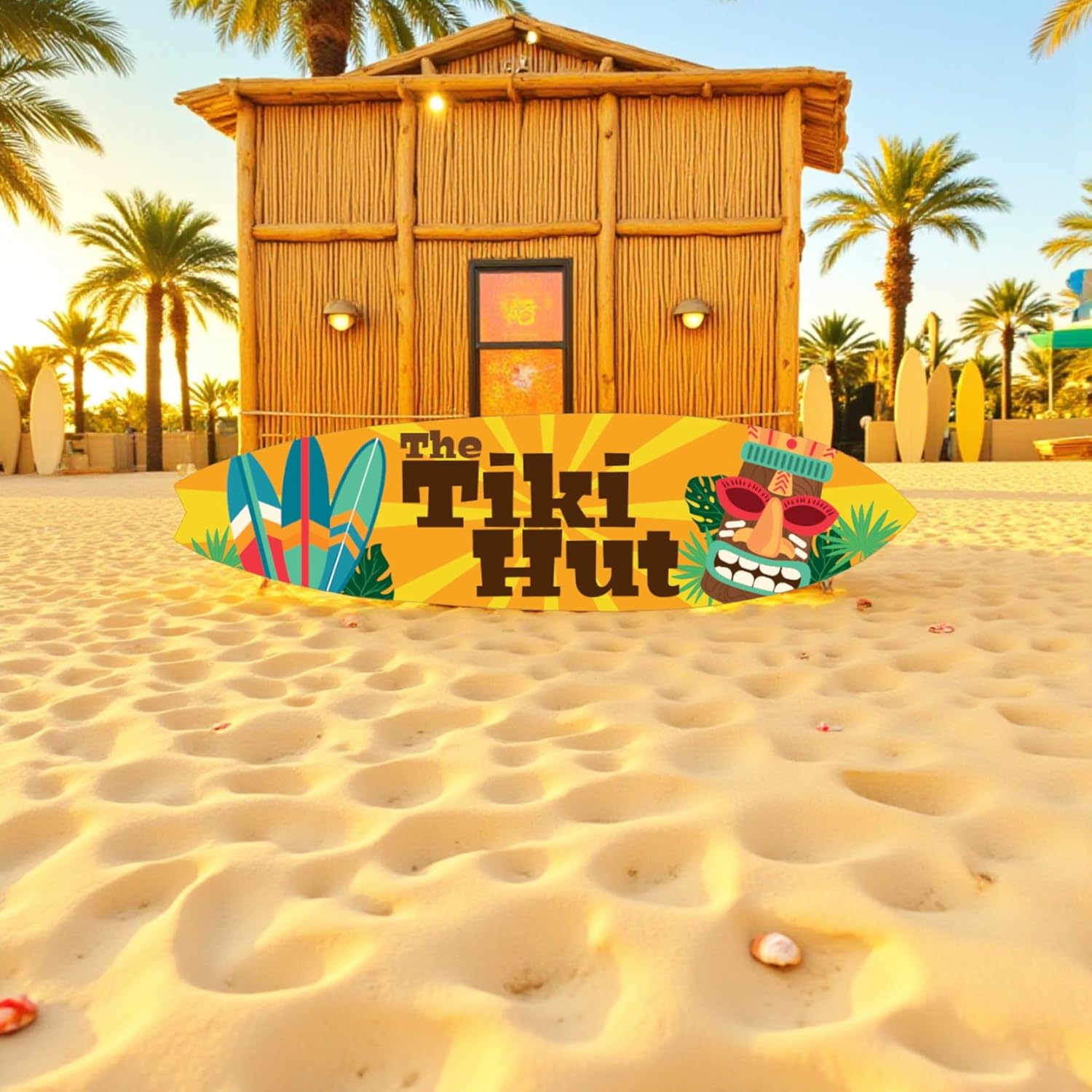 JennyGems The Tiki Hut Decorative Surfboard Sign, Indoor Outdoor Tropical Wall Art, Hawaiian Beach Theme
