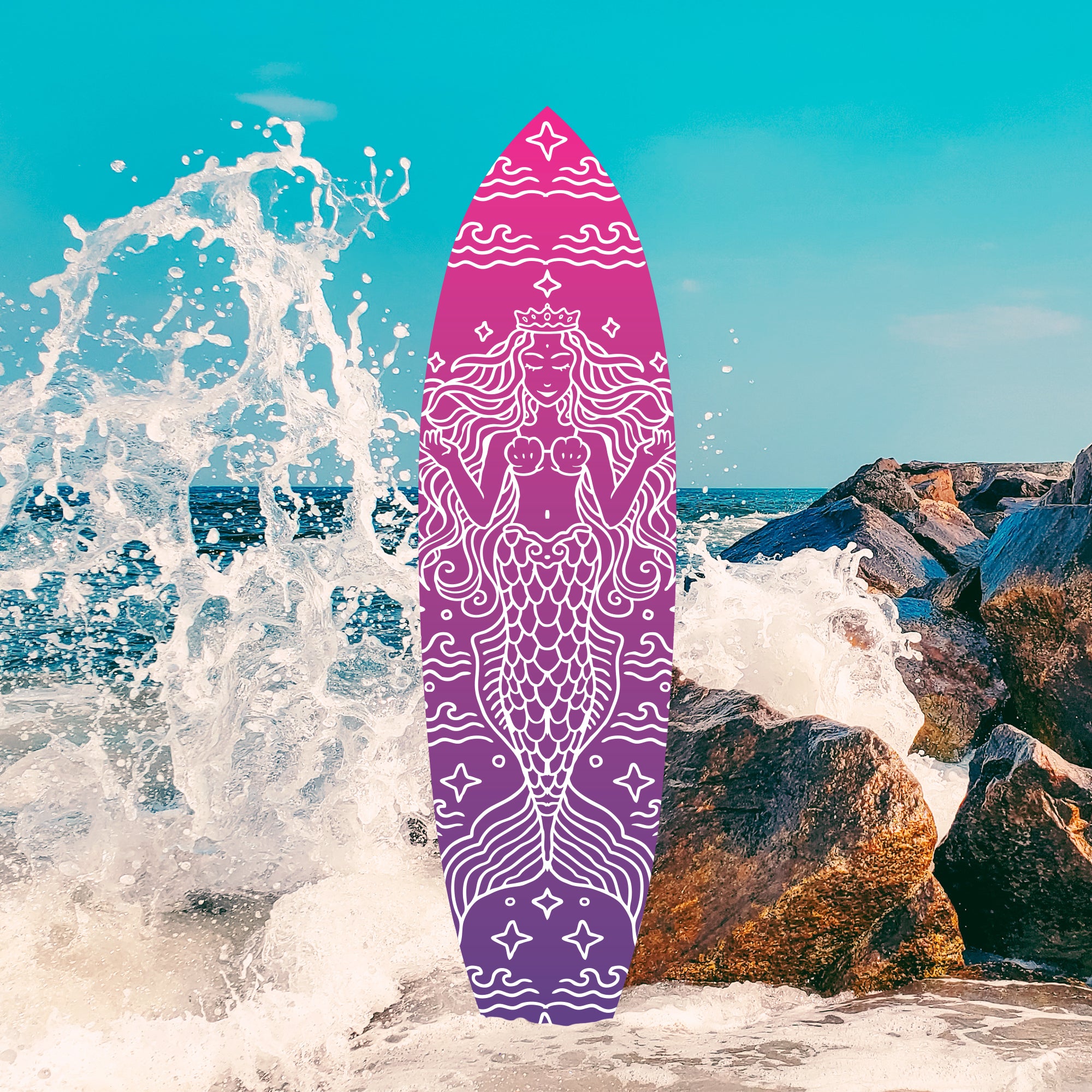 Outdoor Mermaid Surfboard Sign – Weatherproof PVC, Coastal Mermaid Decor for Beach House or Pool Area, Nautical Decoration, 3 - 5 Feet