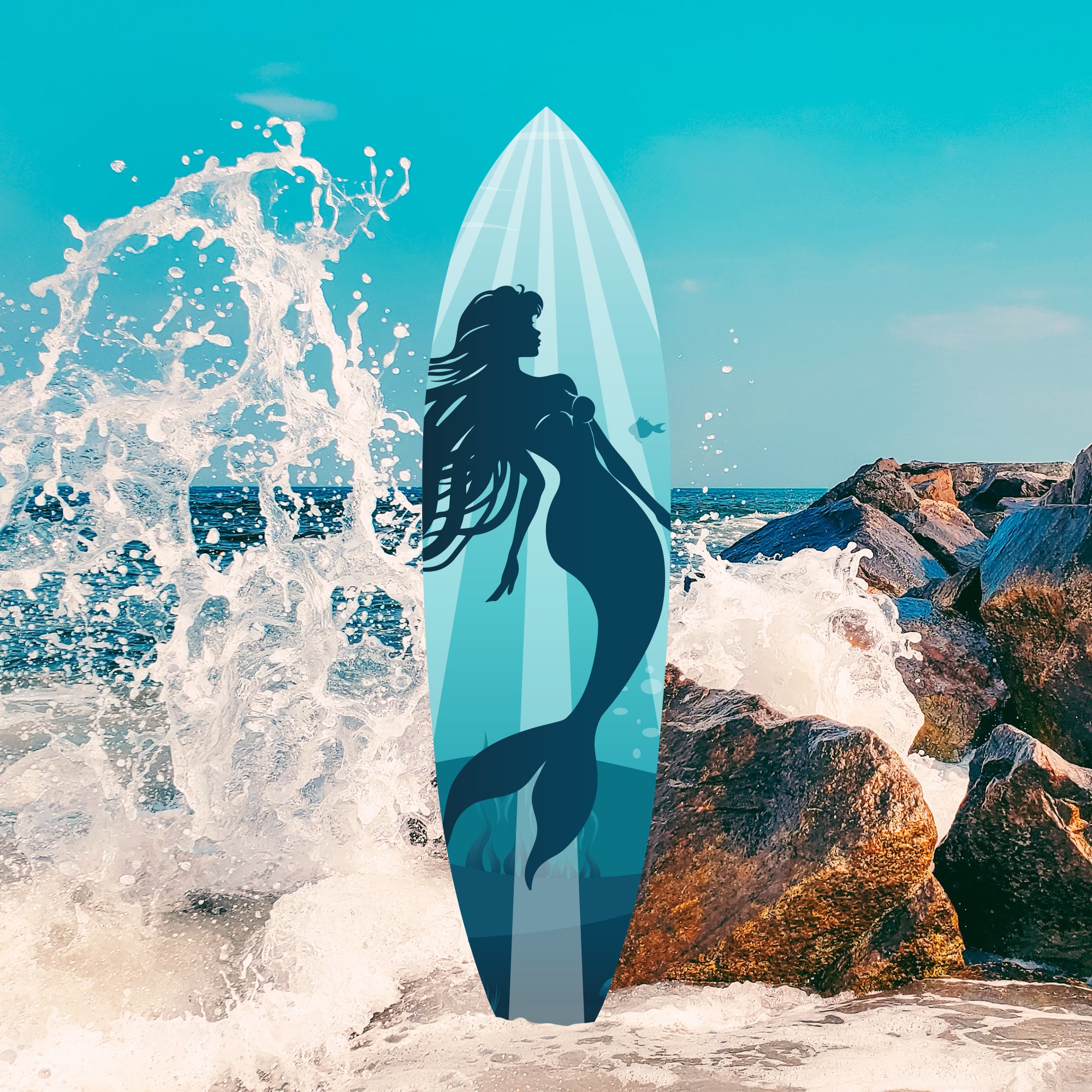 Outdoor Mermaid Surfboard Sign – Weatherproof PVC, Coastal Mermaid Decor for Beach House or Pool Area, Nautical Decoration, 3 - 5 Feet