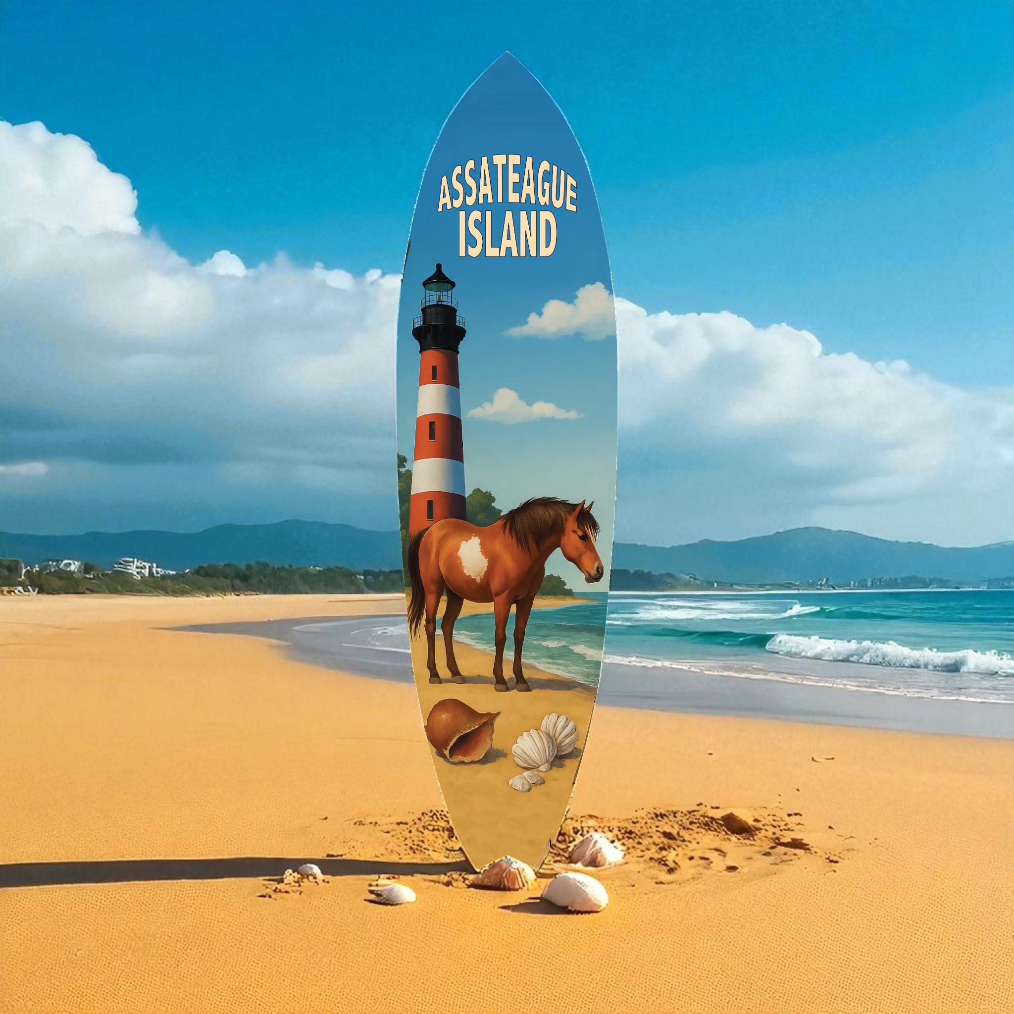 Assateague Island Surfboard Decor – Coastal Wall Art for Beach Lovers, Indoor Outdoor PVC Surf Board Sign, 3 - 5 Feet