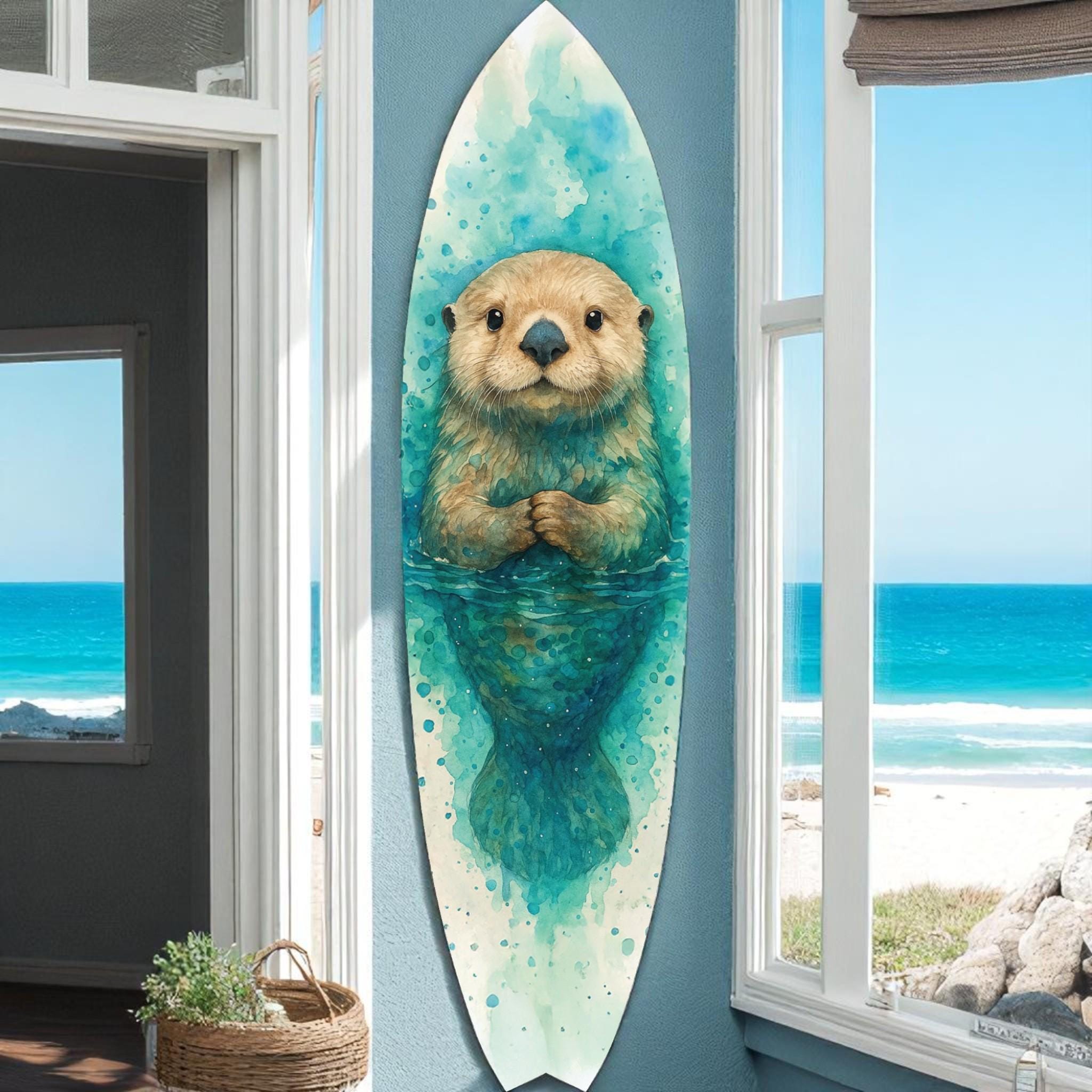 Sea Otter Surfboard Wall Art – Watercolor Surfboard for Kids or Adults – PVC Indoor Outdoor Coastal Animal Decor – Ocean Nursery Sign, 3 - 5 Feet
