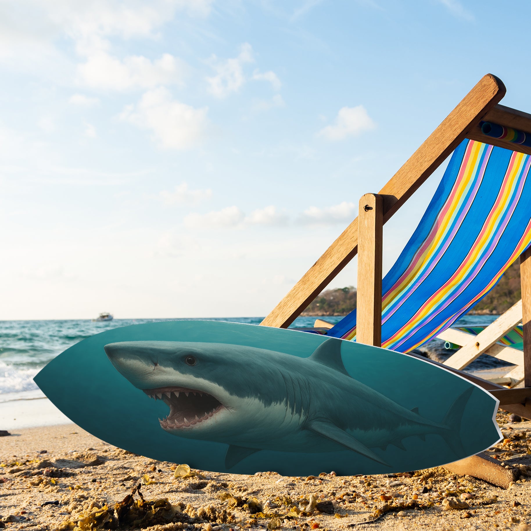 Outdoor Shark Surfboard Wall Art – Ocean Themed Shark Decor, Weatherproof PVC Beach House Sign Decorative Coastal Wall Hanging, 3 - 5 Feet