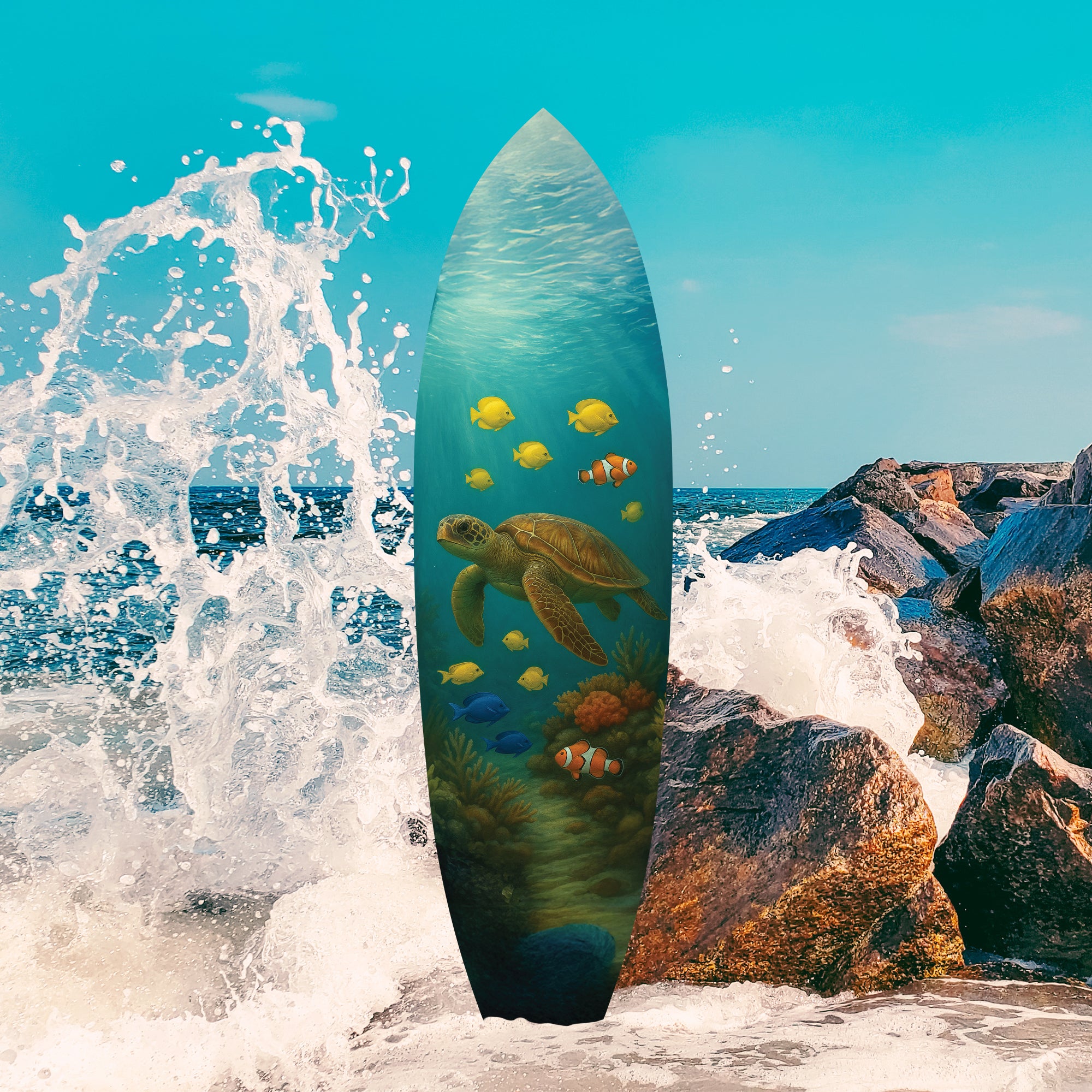 Outdoor Decorative Surfboard Wall Art - Sea Turtle Decor Surfboard Sign, Ocean-Themed, Beach House Sign, Weather Resistant PVC, 3 -5 Feet