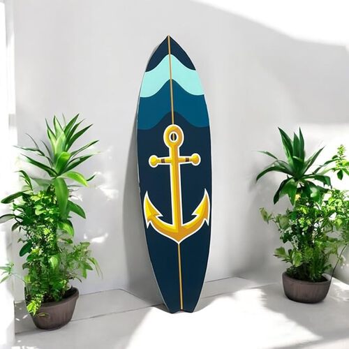 Outdoor Nautical Anchor Surfboard Wall Art, Navy Blue and Teal, Indoor Outdoor, Weather Resistant PVC, 3 -5 Feet