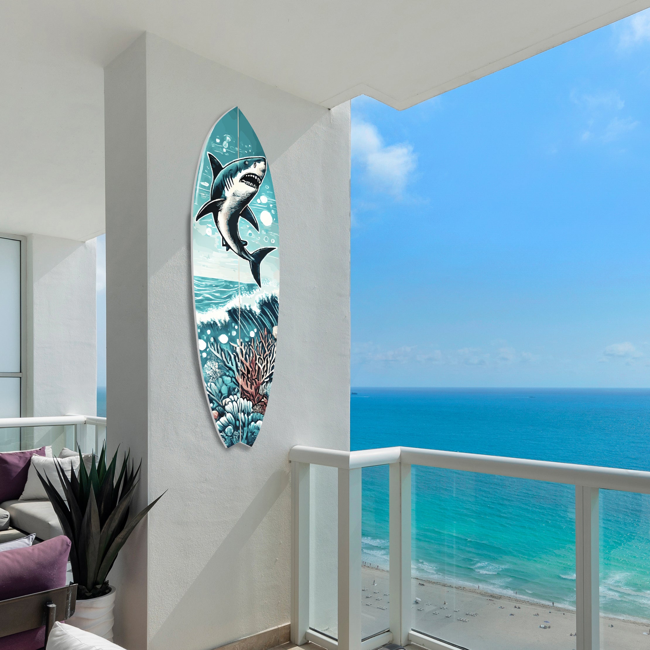 Outdoor Shark Surfboard Wall Art, Ocean Themed Shark Decor, Weather Resistant PVC Indoor Outdoor Decorative Beach House Decor, 3 - 5 Feet