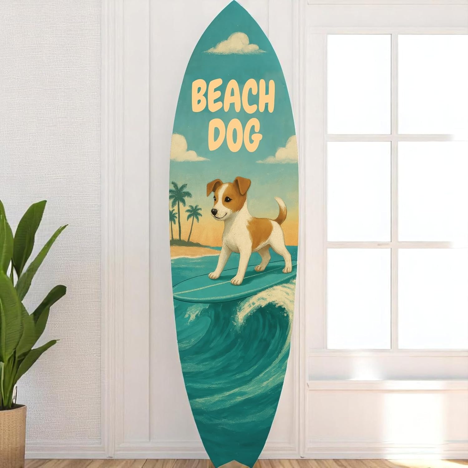 Outdoor Surfboard Wall Decor – Coastal Pet Wall Art, PVC Beach House Decor for Dog Owners, Beach Dog, 3 - 5 Feet