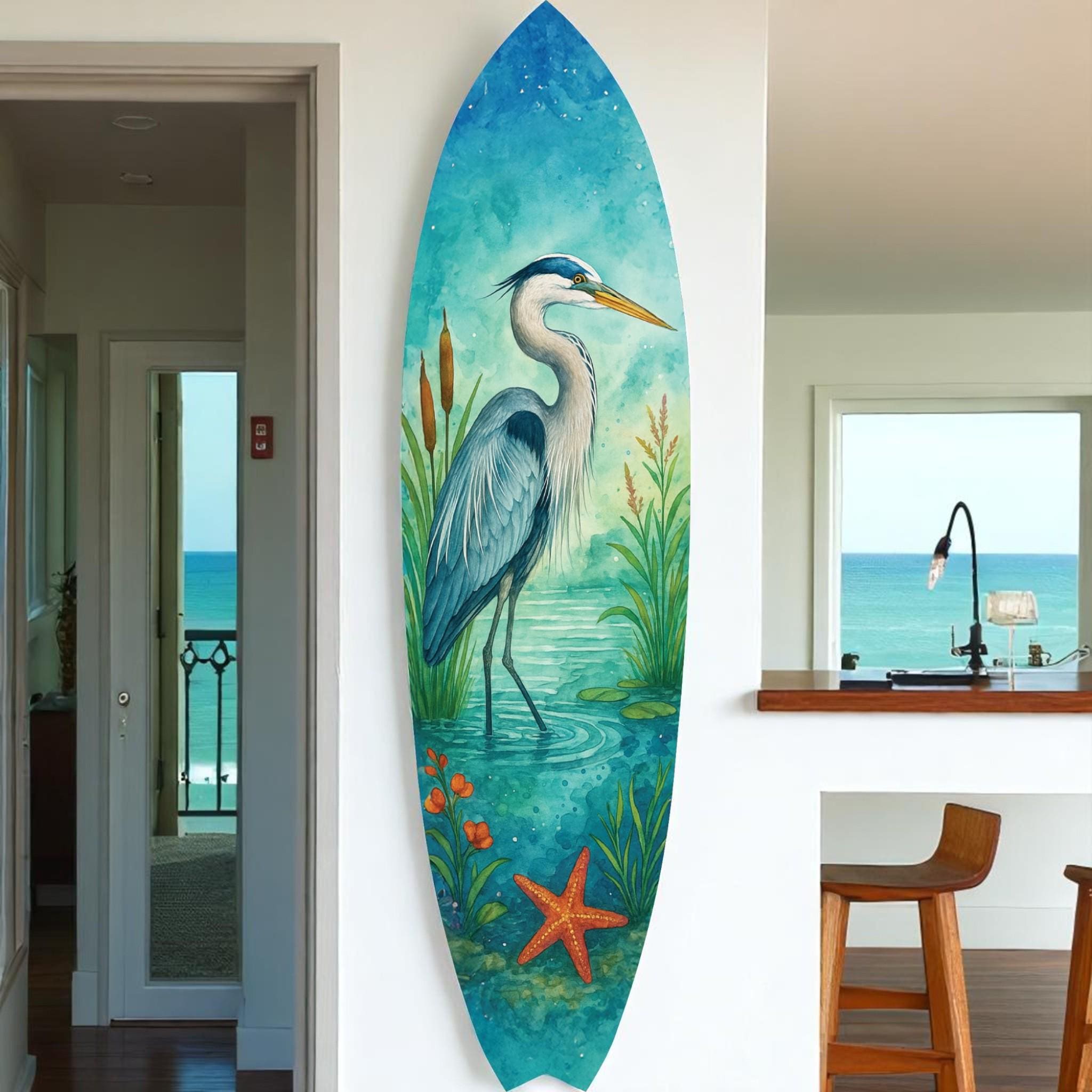 Egret Surfboard Wall Art – Coastal Watercolor Bird Decor – PVC Indoor Outdoor Beach House Art – Marsh Bird Wall Hanging Sign, 3 - 5 Feet